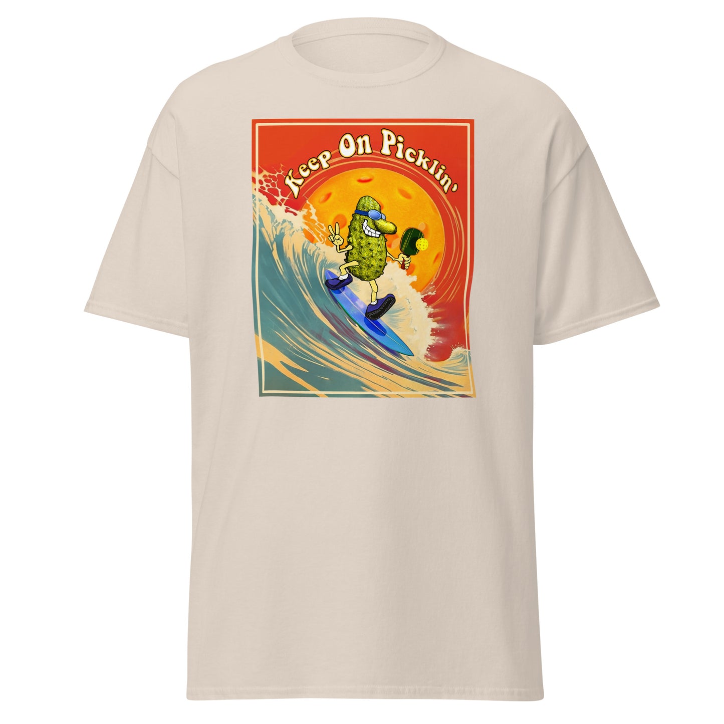 Men's Pickleball T-shirt, Keep On Picklin' Surfer, Front Center Graphic, Short-sleeve