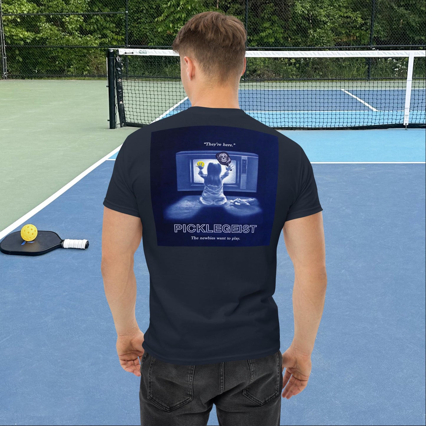 Navy Blue Short-sleeve Men's Pickleball Shirt, Picklegeist  graphic on back