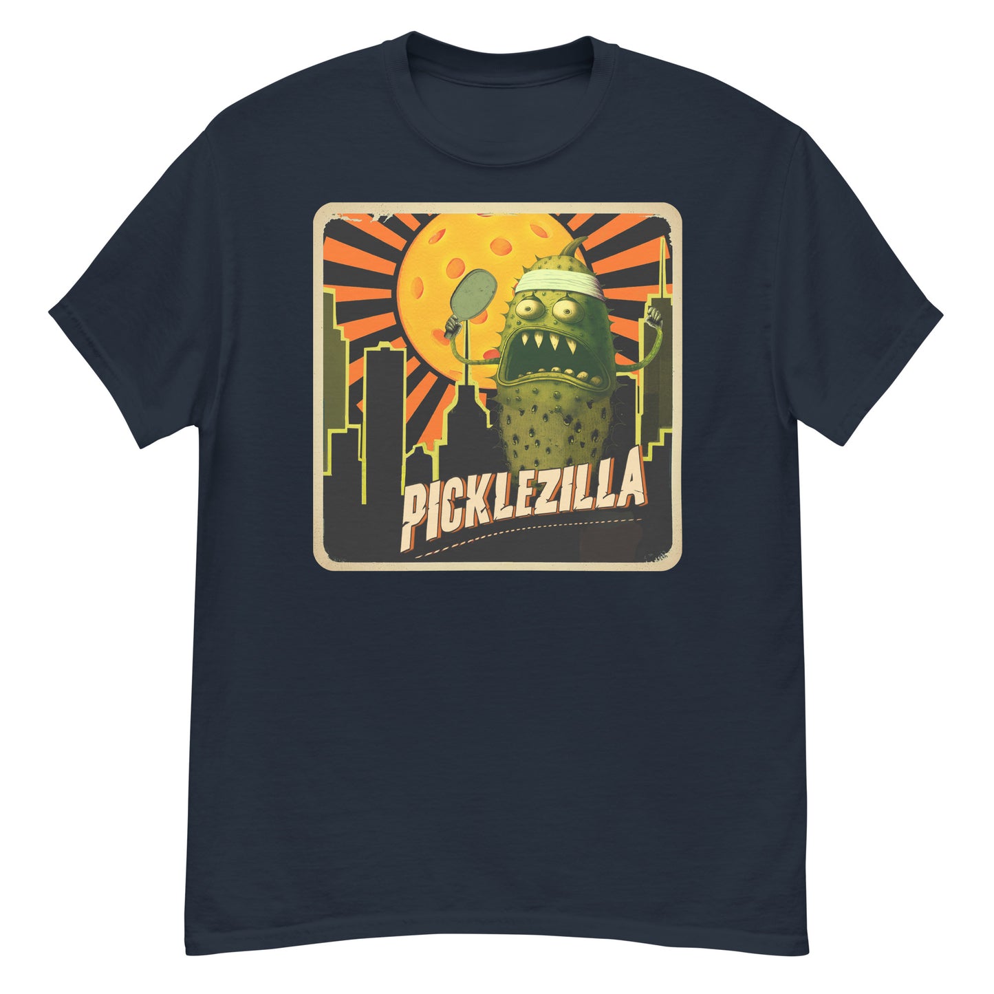 Navy Blue Mens Pickleball T-shirt Picklezilla Design Cotton