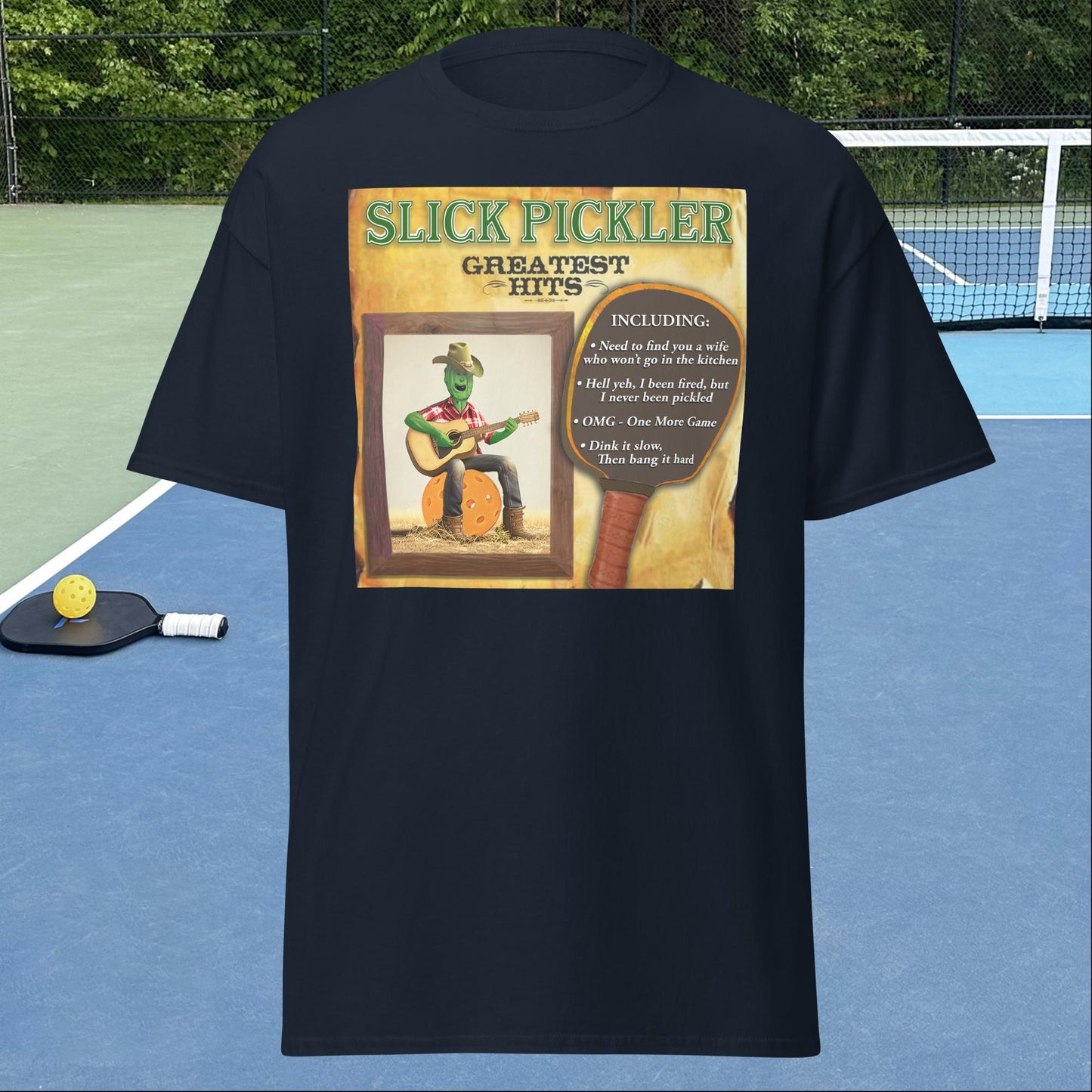 Navy Blue Pickleball T-shirt, Slick Pickler Album Cover, Graphic on Front, Men's Classic Tee