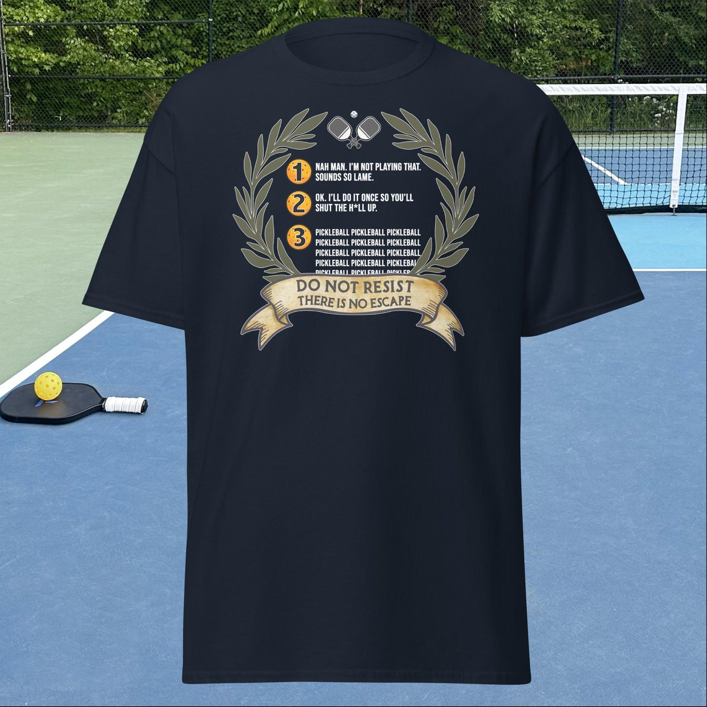 Navy Blue Pickleball Shirt with 3 Stages of Pickleball design on front, Men's Classic Tee