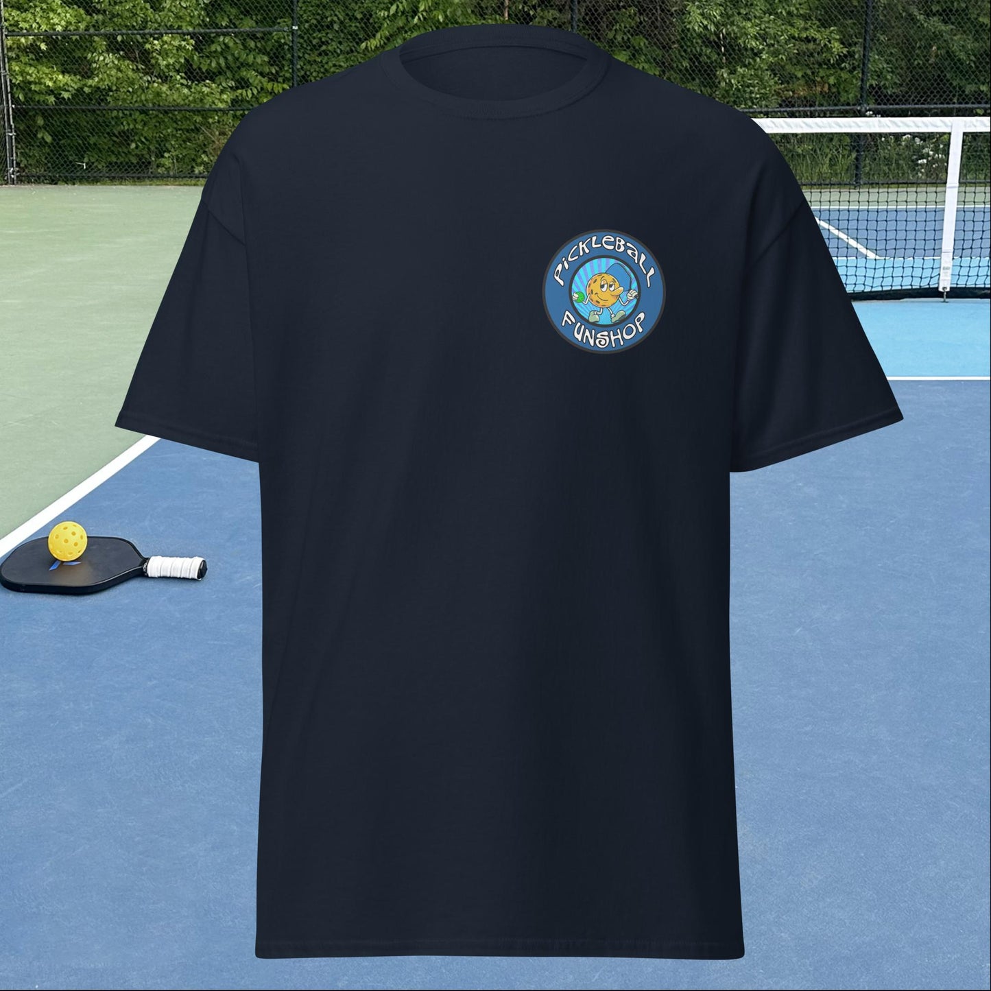 Navy Blue Pickleball Shirt with Pickleball FunShop Logo on Left Chest, Men's Classic Tee