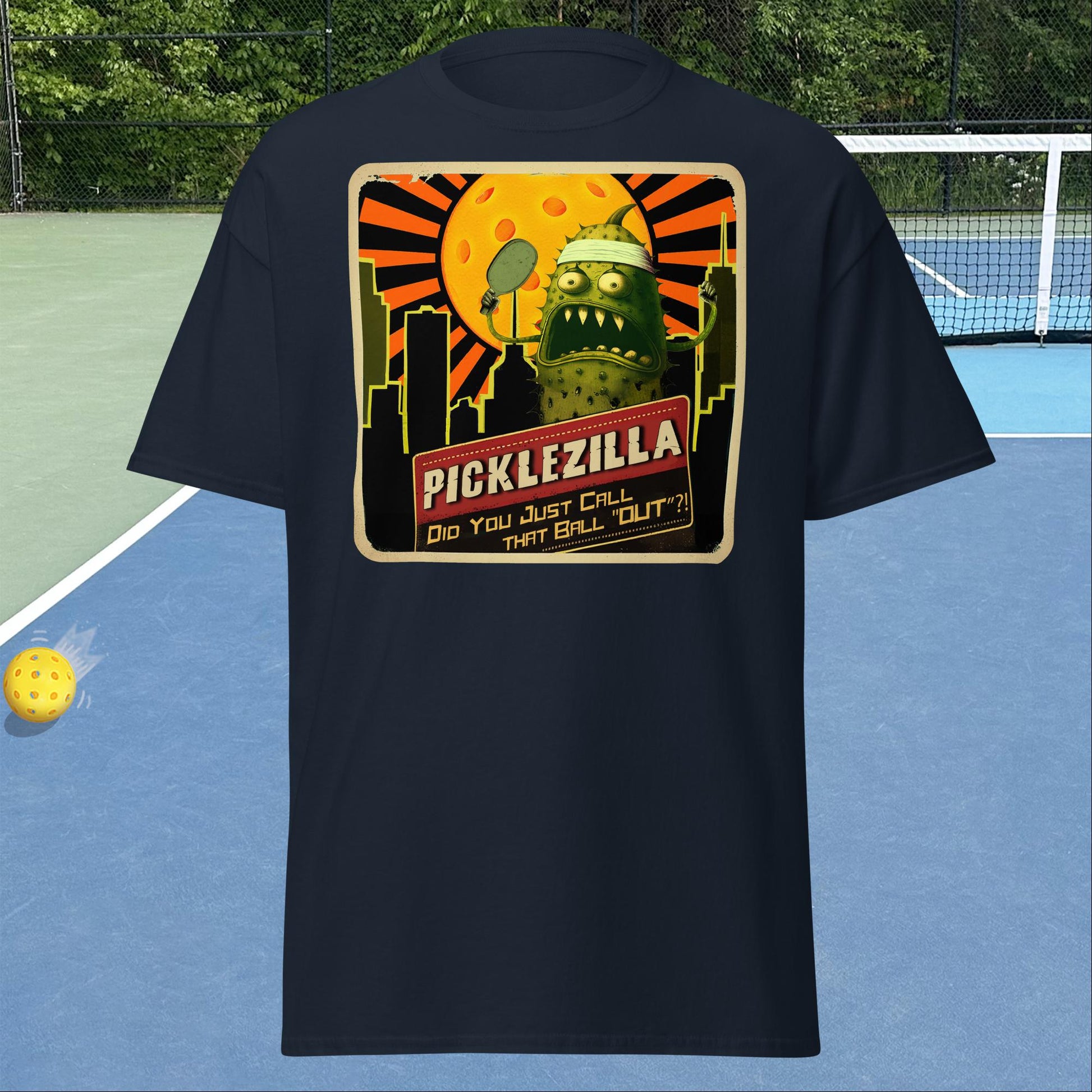 Navy Blue short-sleeve Men's pickleball shirt with Picklezilla Out call graphic on front