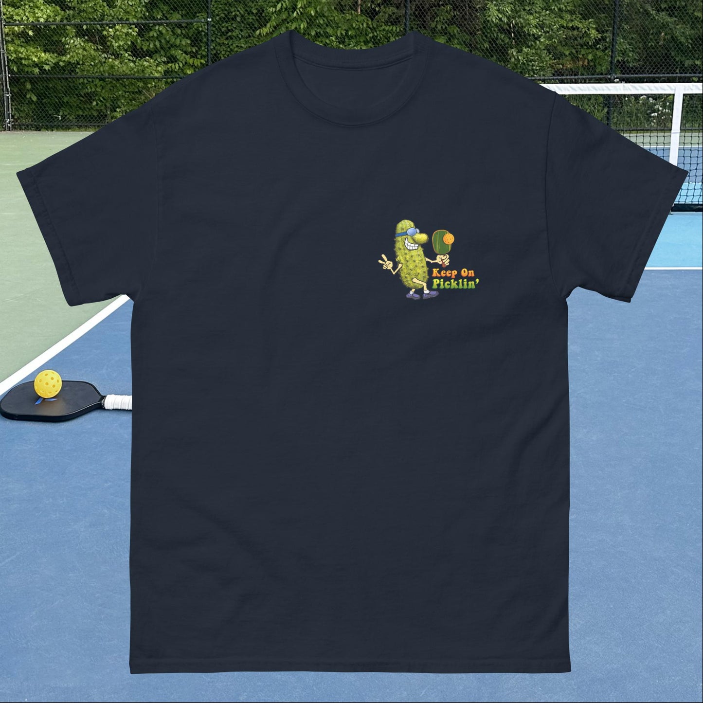 Men's Pickleball T-shirt, Keep On Picklin' Pickledude, Left Chest Graphic, Short-sleeve