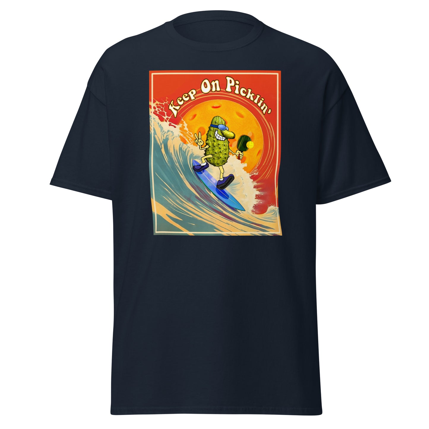 Men's Pickleball T-shirt, Keep On Picklin' Surfer, Front Center Graphic, Short-sleeve