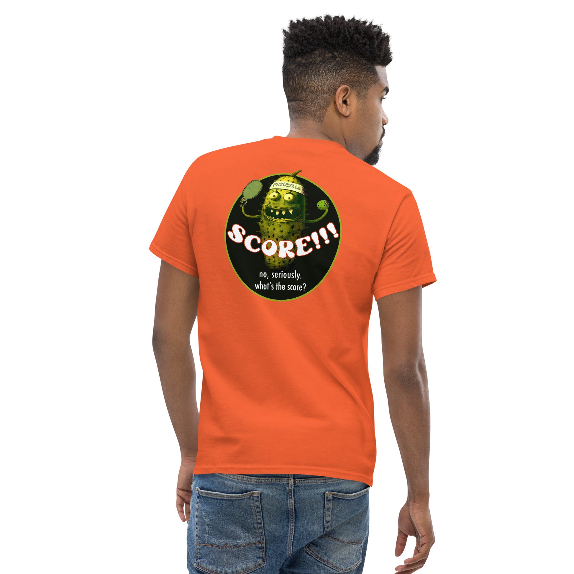 Orange Pickleball T-shirt, Picklezilla Score, Graphic on Back, Men's Classic Tee