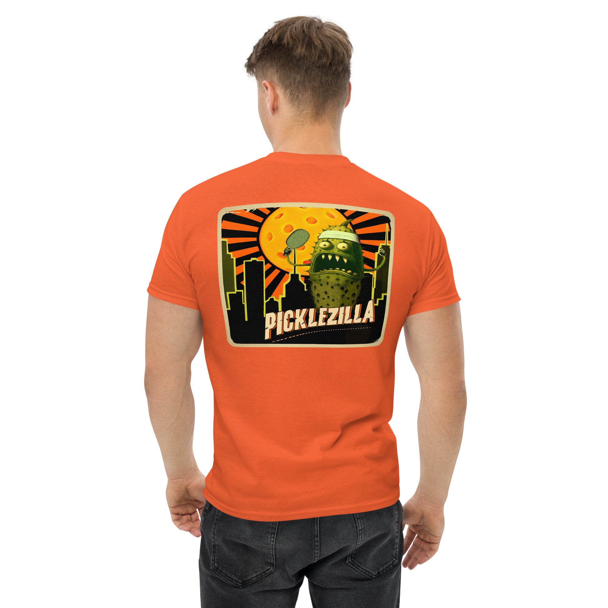 Orange Pickleball T-Shirt, Picklezilla, Graphic on Back, Men's Classic Tee