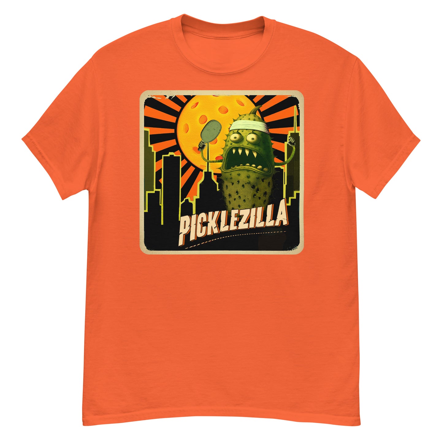 Orange Mens Pickleball T-shirt Picklezilla Design Cotton