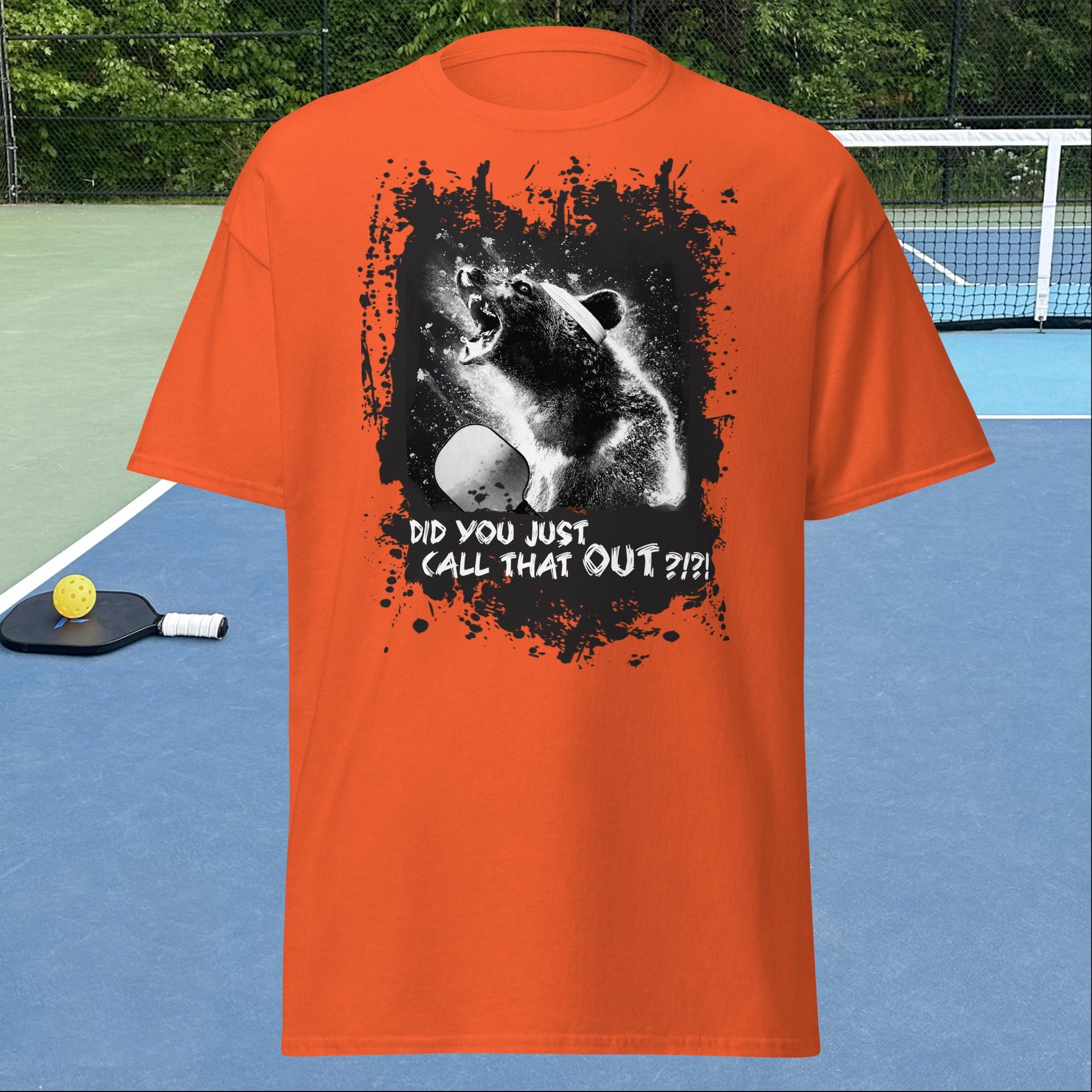 Orange Pickleball Shirt, Angry Bear graphic on front, Men's Tee