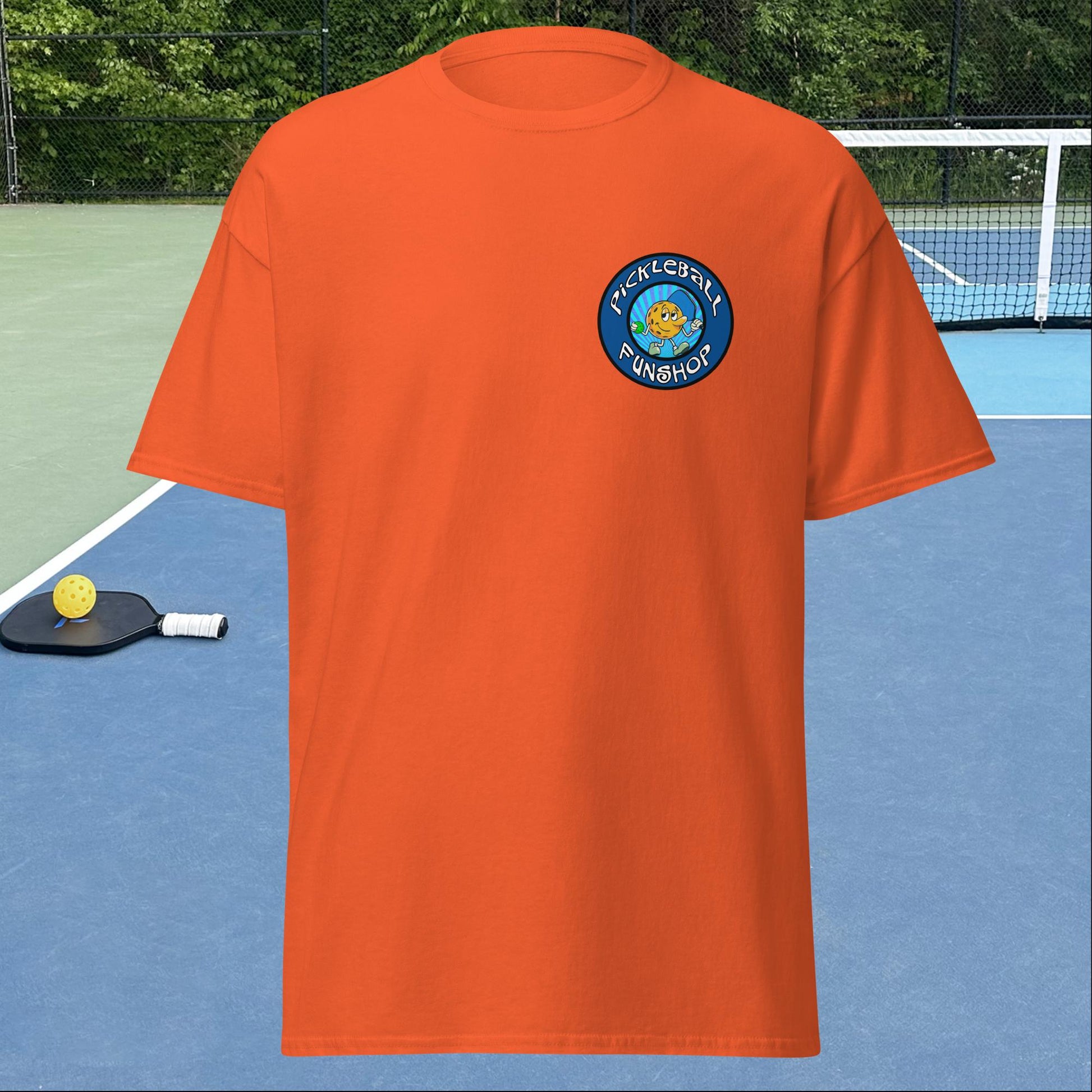 Orange Pickleball Shirt with Pickleball FunShop Logo on Left Chest, Men's Classic Tee