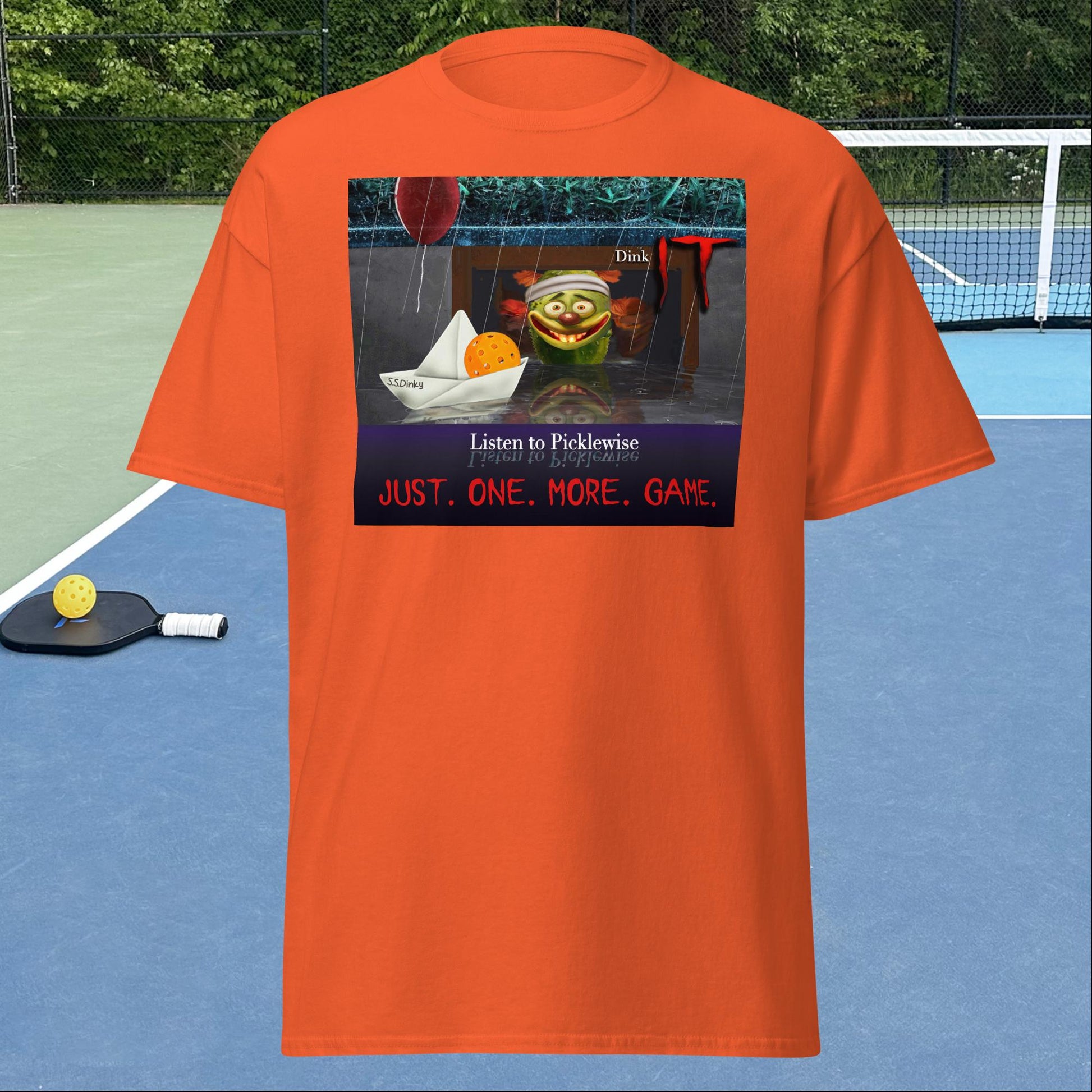 Orange Pickleball Shirt, Men's Short-Sleeve, Listen to Picklewise, Dink It, Graphic on Front