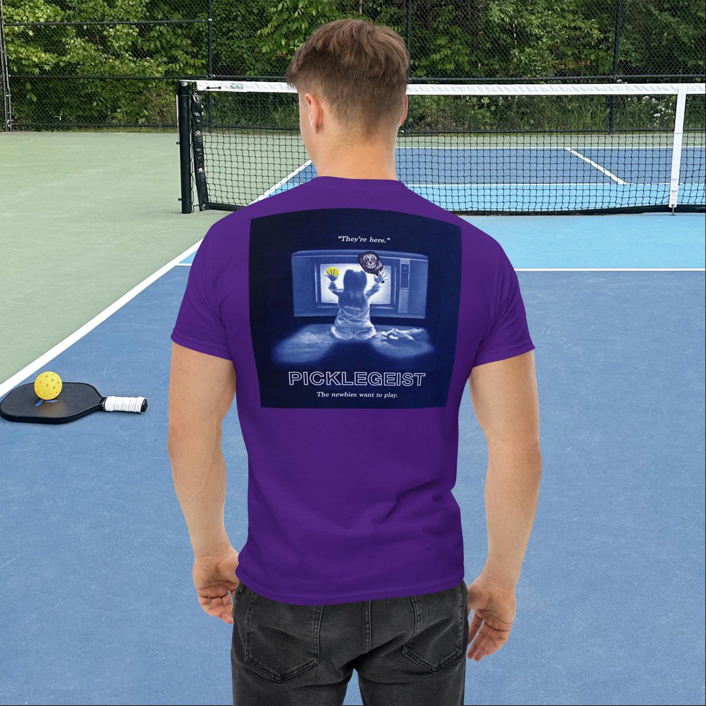 Purple Short-sleeve Men's Pickleball Shirt, Picklegeist  graphic on back