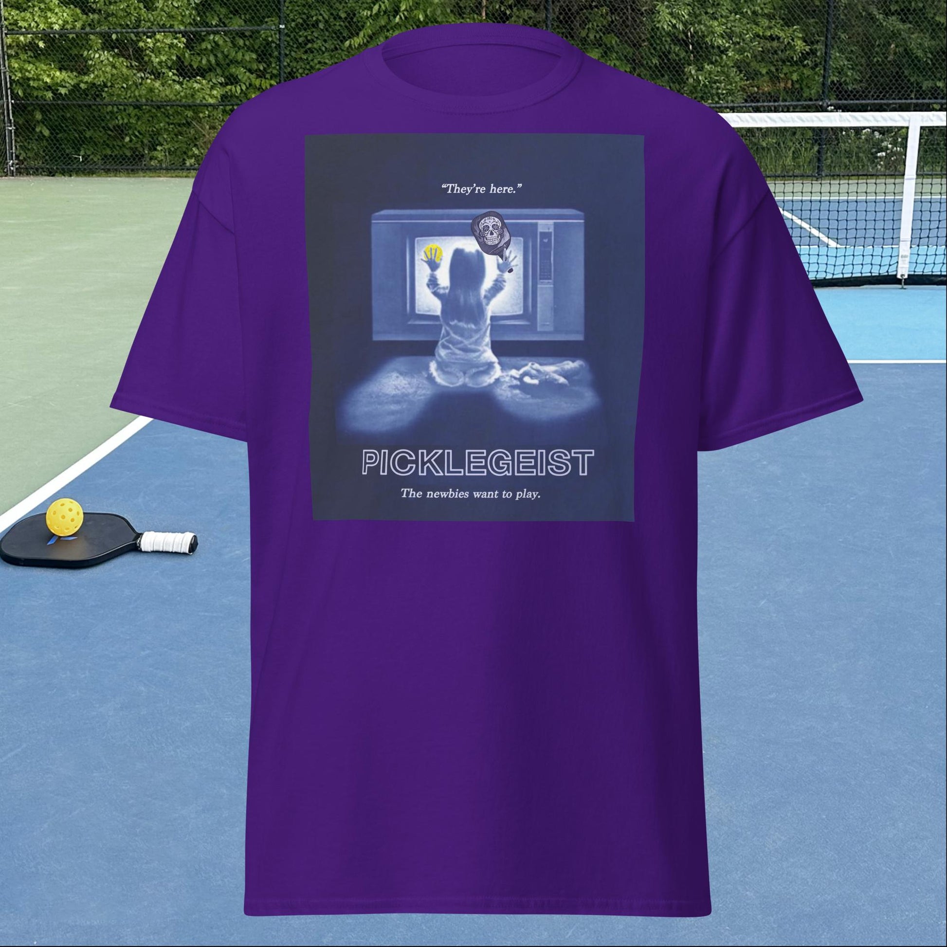 Purple Short-sleeve Men's Pickleball Shirt, Picklegeist graphic on front