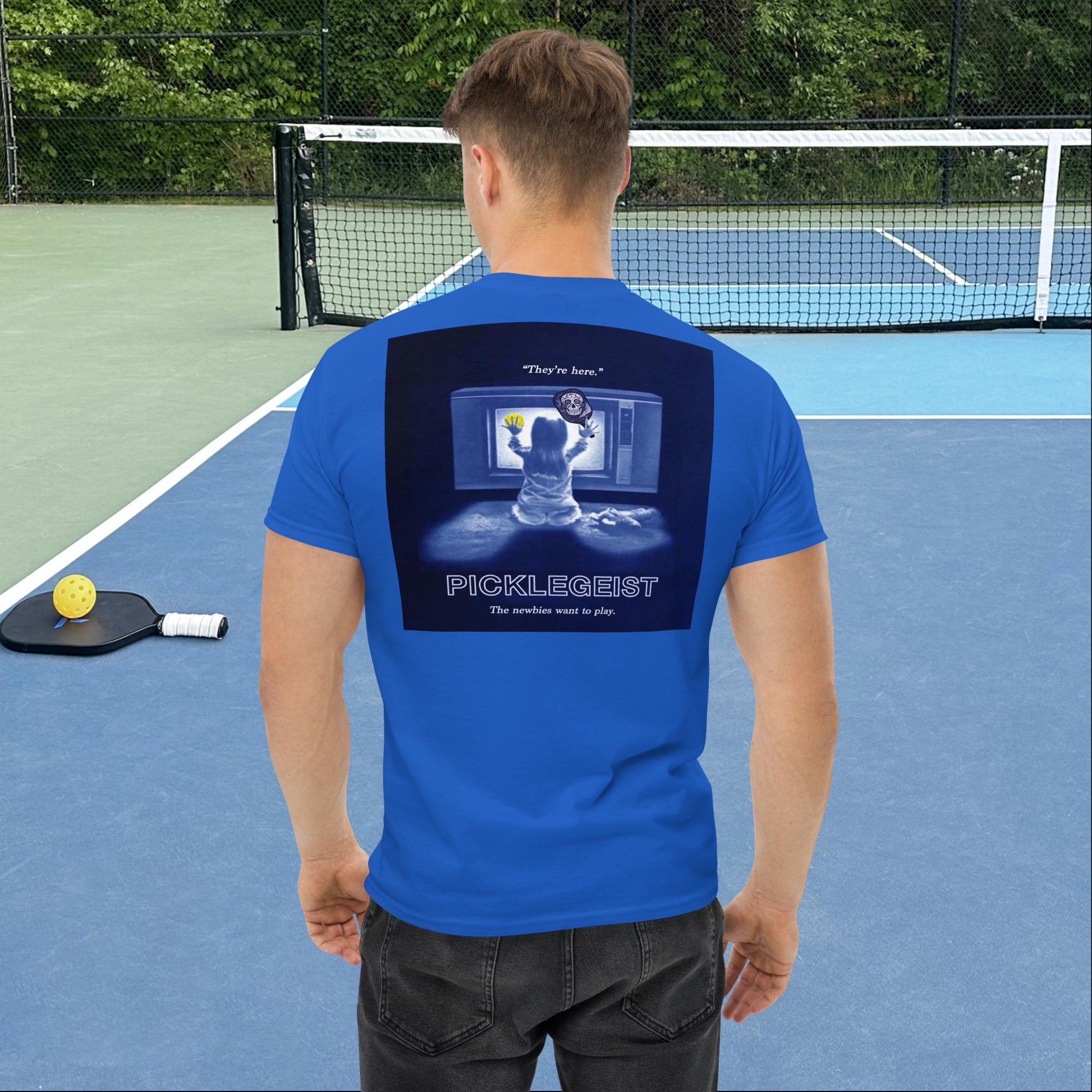 Royal Blue Short-sleeve Men's Pickleball Shirt, Picklegeist  graphic on back