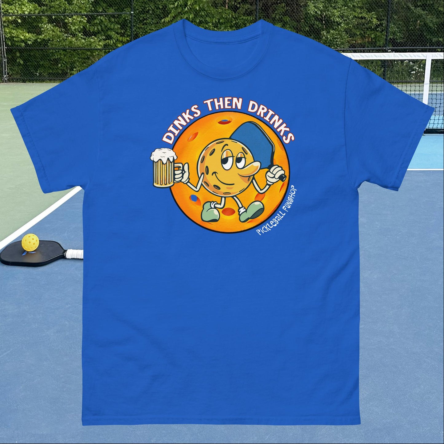 Royal Blue Pickleball T-Shirt, Dinks Then Drinks, Front Graphic, Mens Classic Tee