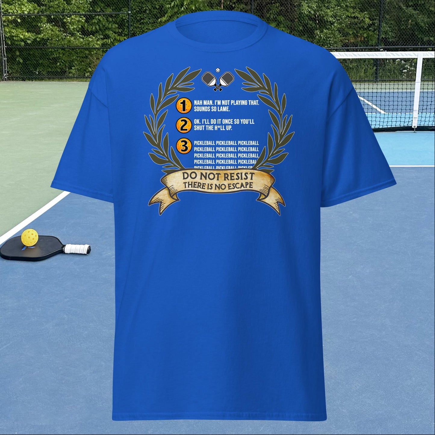 Royal Blue Pickleball Shirt with 3 Stages of Pickleball design on front, Men's Classic Tee