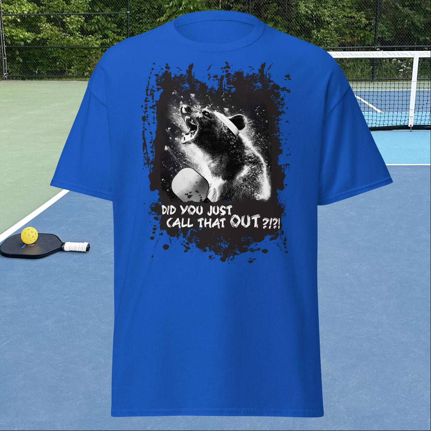 Royal Blue Pickleball Shirt, Angry Bear graphic on front, Men's Tee