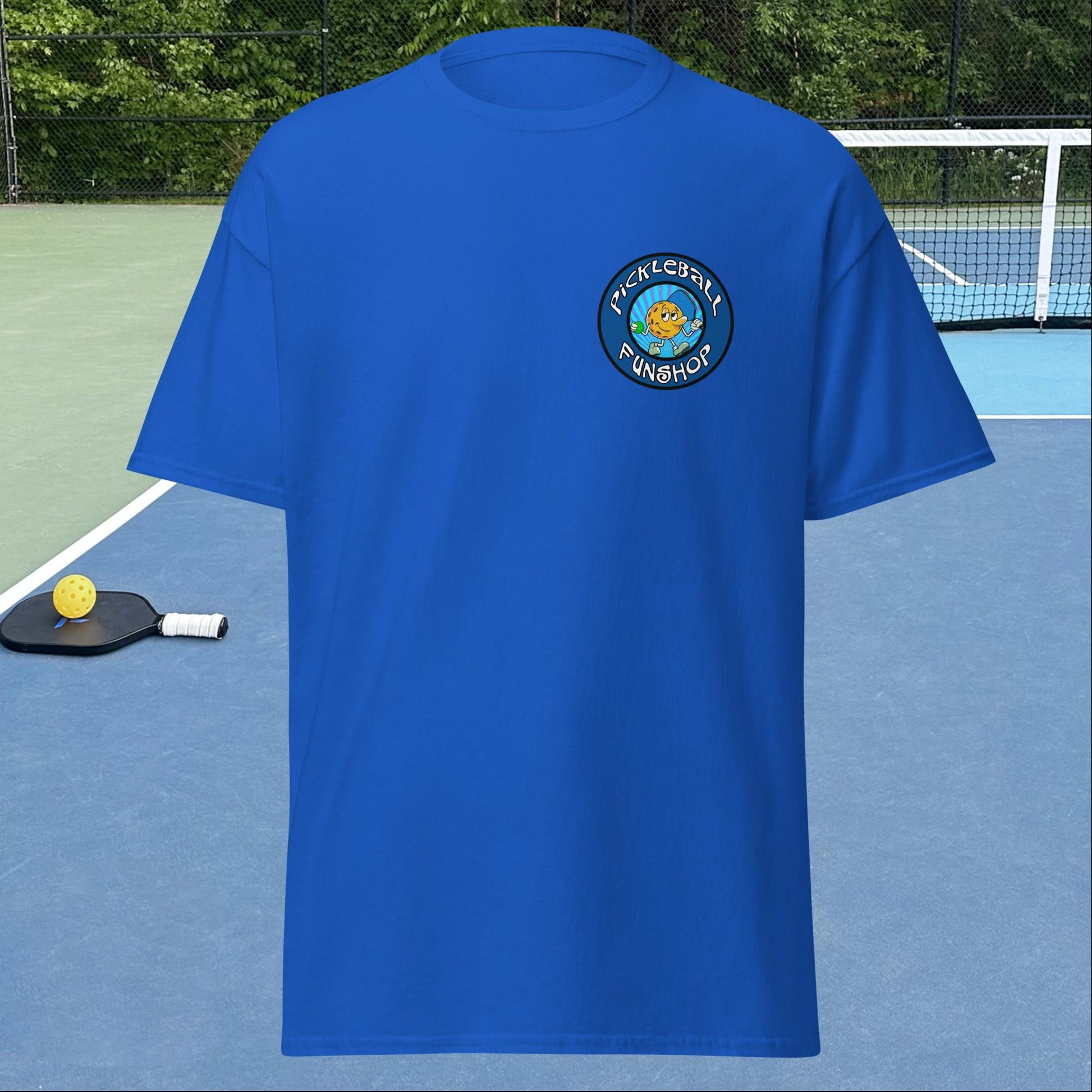 Royal Blue Pickleball Shirt with Pickleball FunShop Logo on Left Chest, Men's Classic Tee