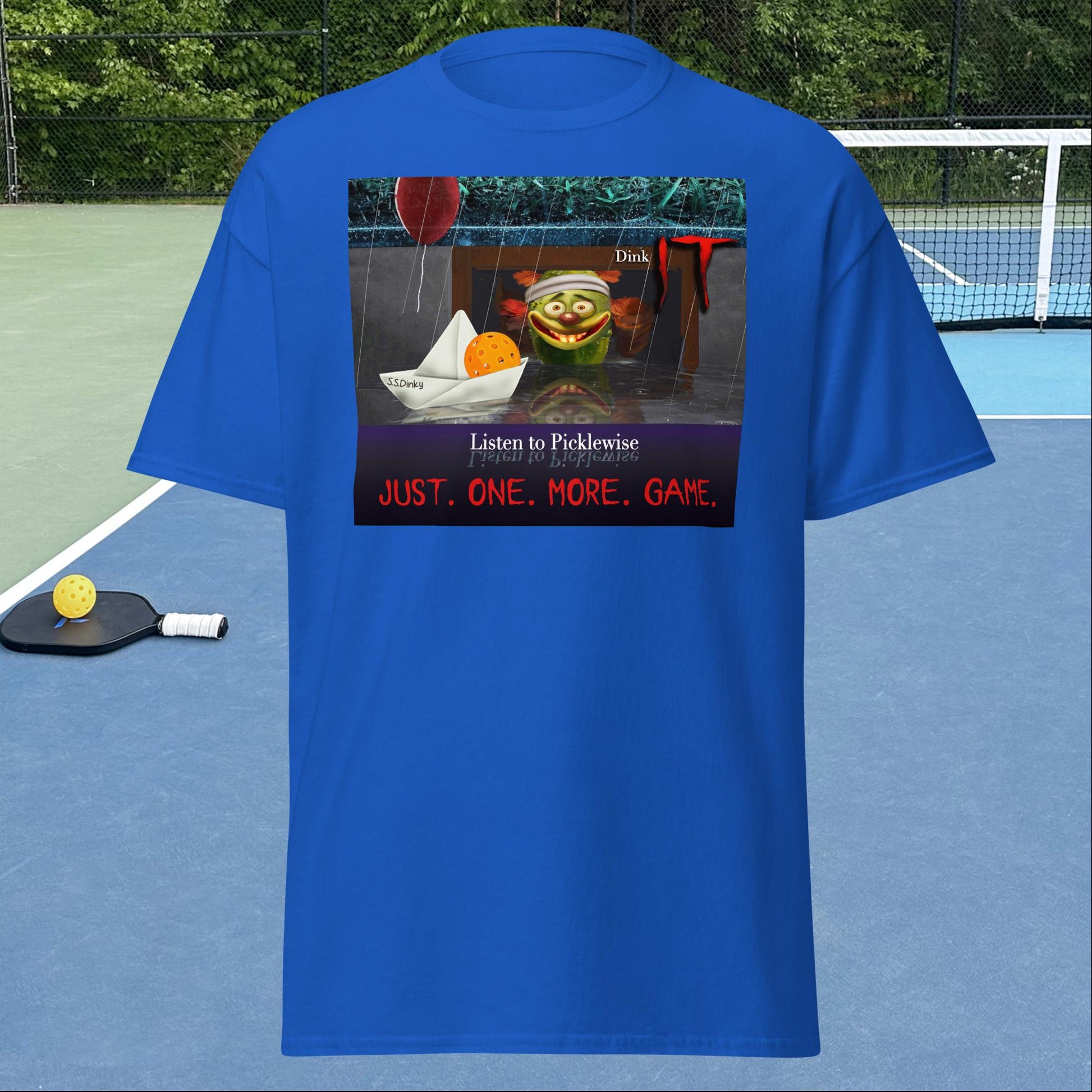 Royal Blue Pickleball Shirt, Men's Short-Sleeve, Listen to Picklewise, Dink It, Graphic on Front