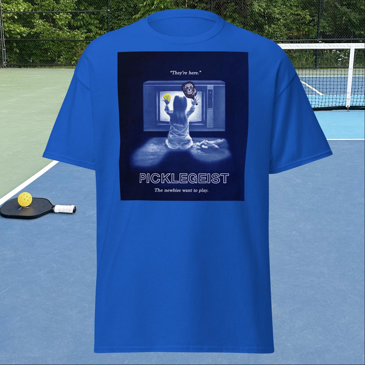 Royal Blue Short-sleeve Men's Pickleball Shirt, Picklegeist graphic on front