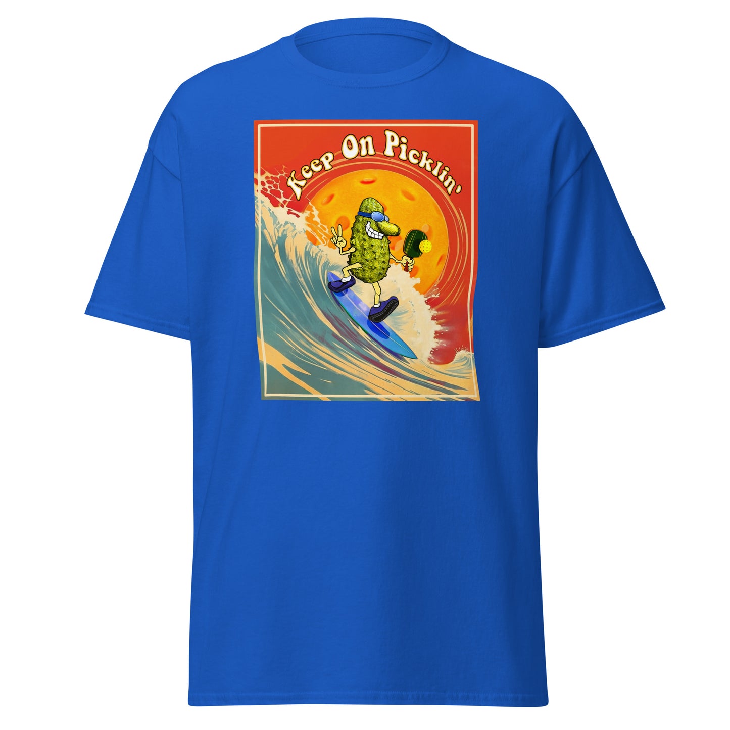 Men's Pickleball T-shirt, Keep On Picklin' Surfer, Front Center Graphic, Short-sleeve