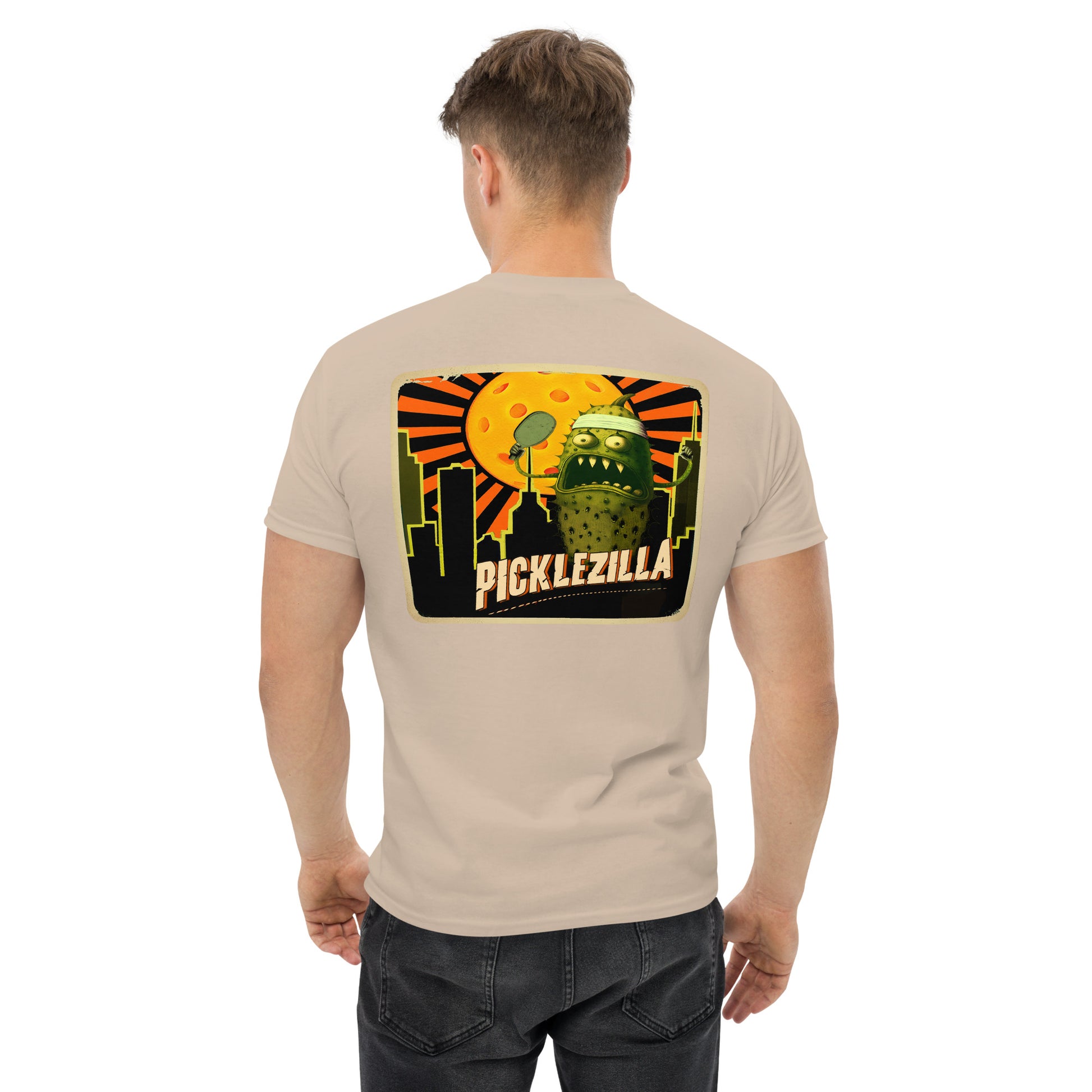 Tan Pickleball T-Shirt, Picklezilla, Graphic on Back, Men's Classic Tee