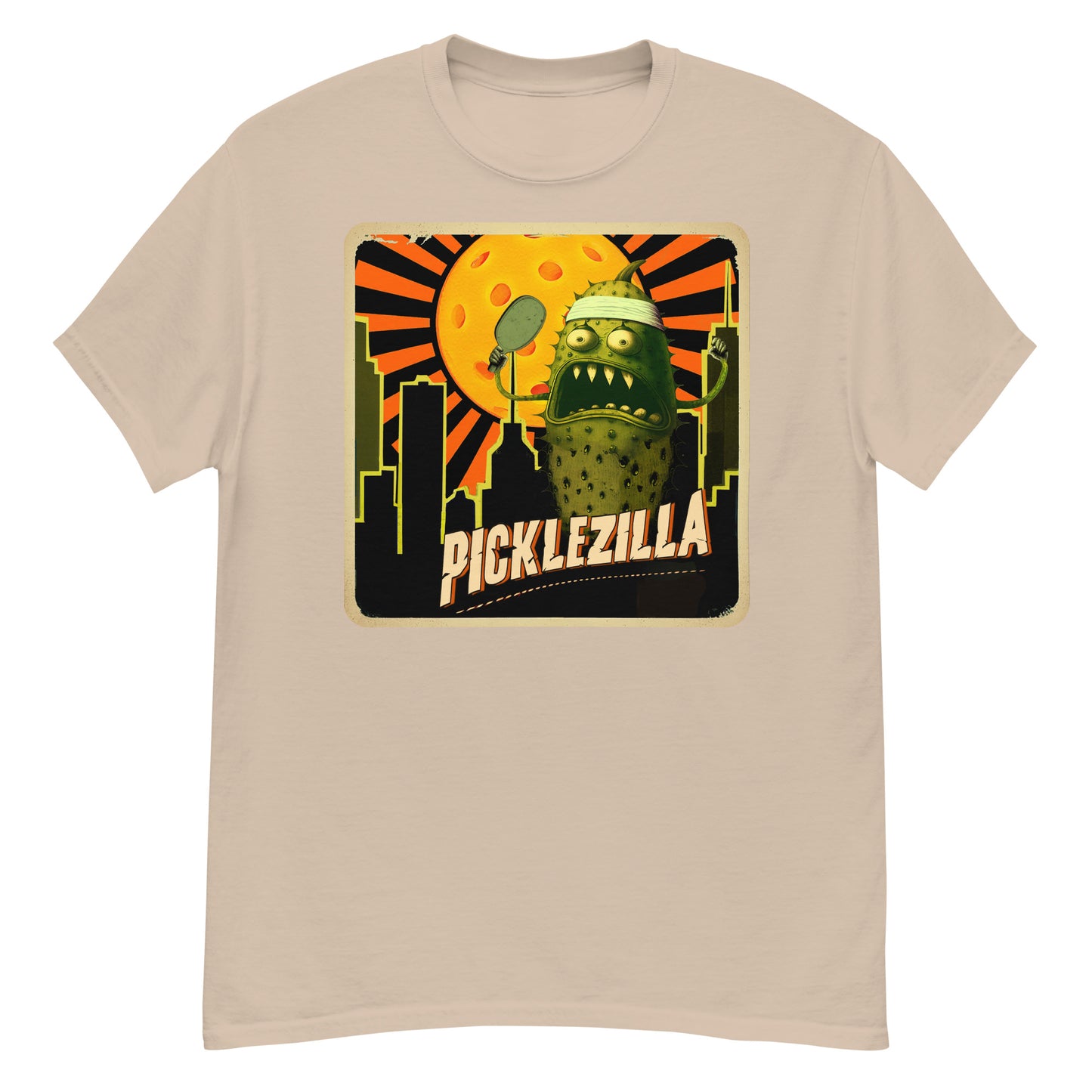 Tan Mens Pickleball T-shirt Picklezilla Design Cotton