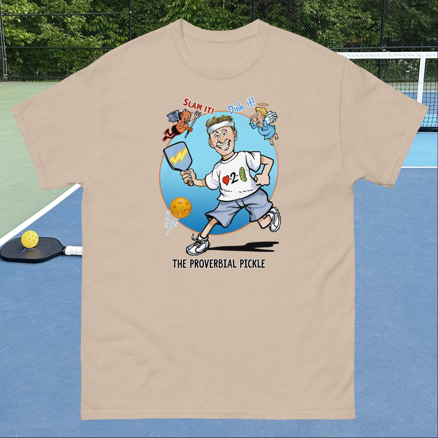 Tan Pickleball T-shirt, Proverbial Pickle Slam It or Dink It, Men's Classic Tee