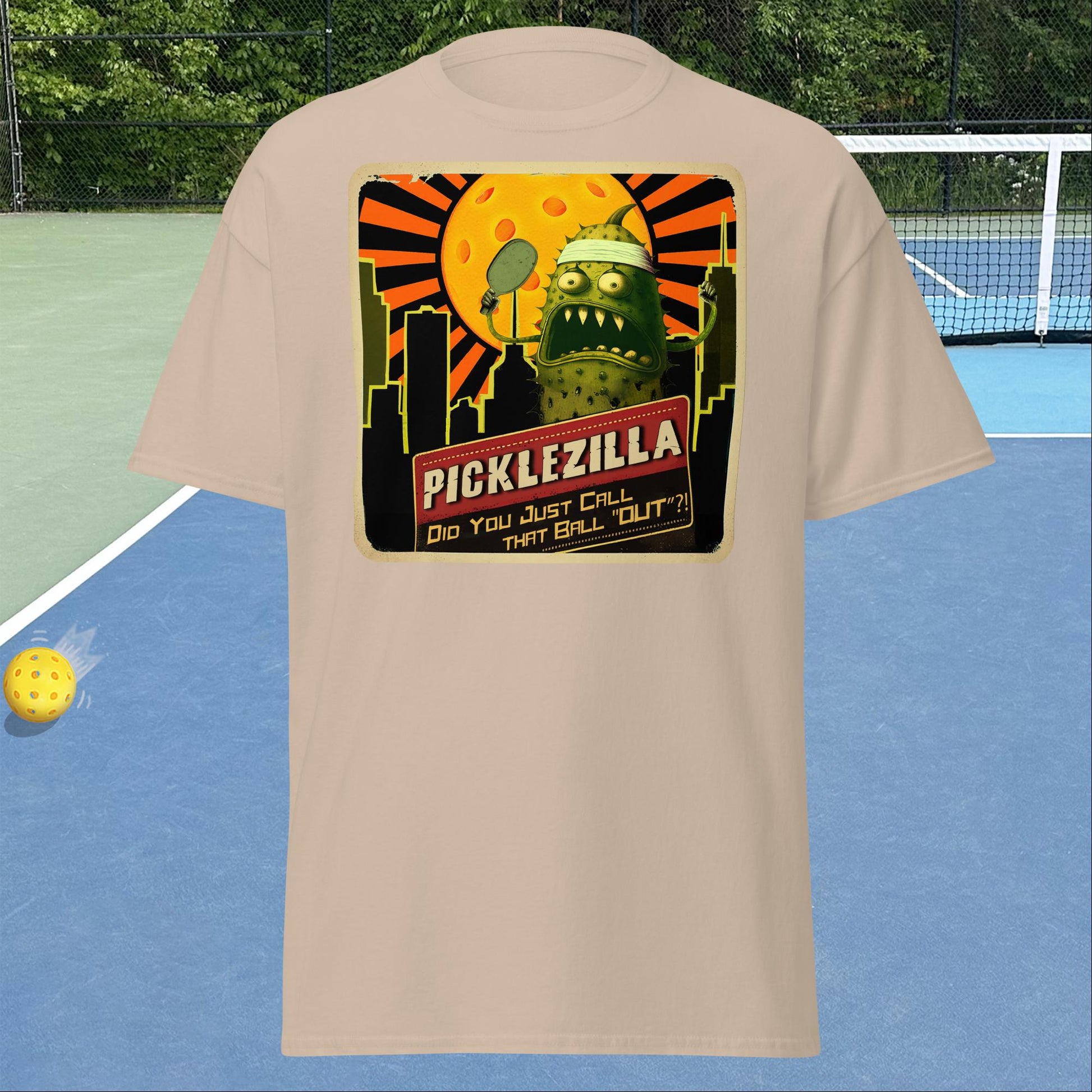 Sand short-sleeve Men's pickleball shirt with Picklezilla Out call graphic on front