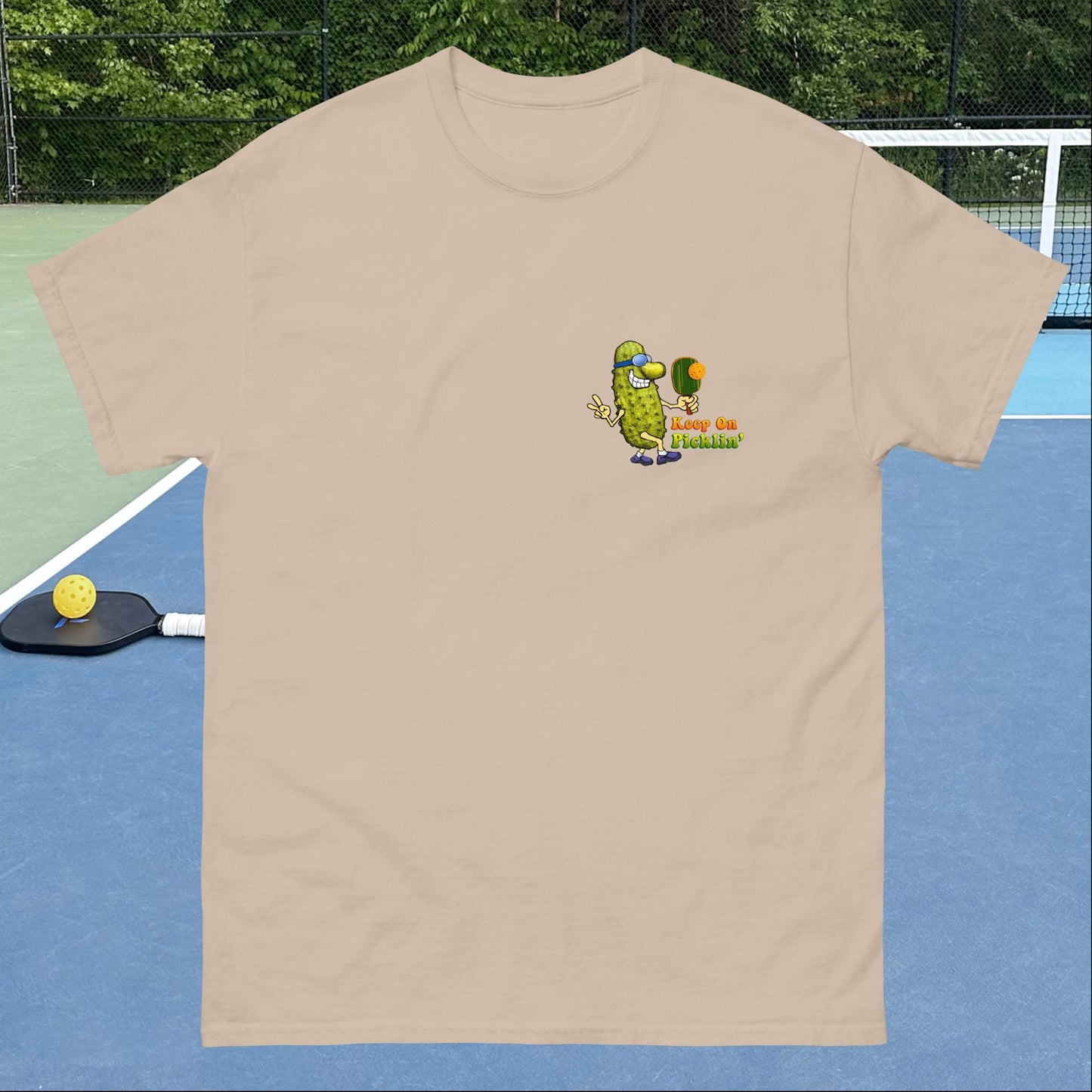 Men's Pickleball T-shirt, Keep On Picklin' Pickledude, Left Chest Graphic, Short-sleeve