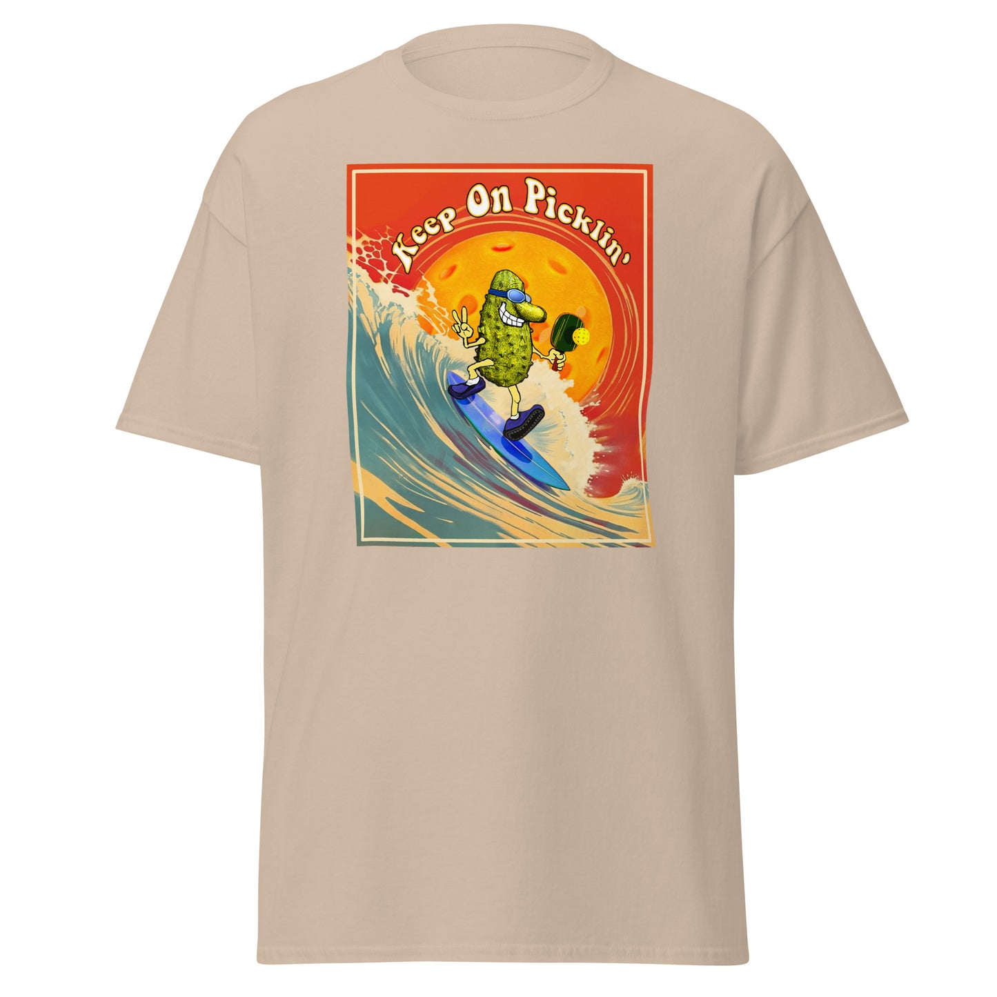 Men's Pickleball T-shirt, Keep On Picklin' Surfer, Front Center Graphic, Short-sleeve