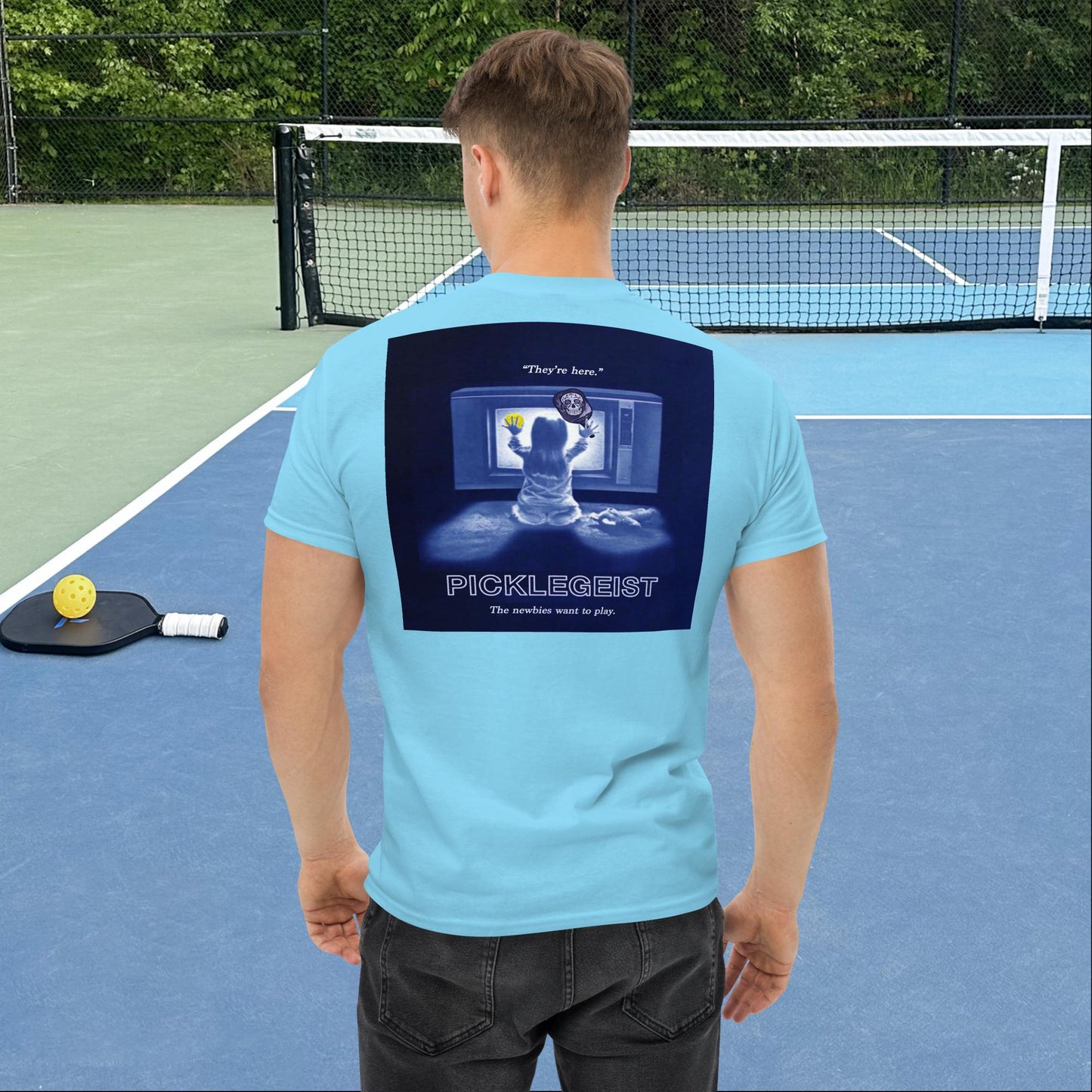 Sky Blue Short-sleeve Men's Pickleball Shirt, Picklegeist  graphic on back