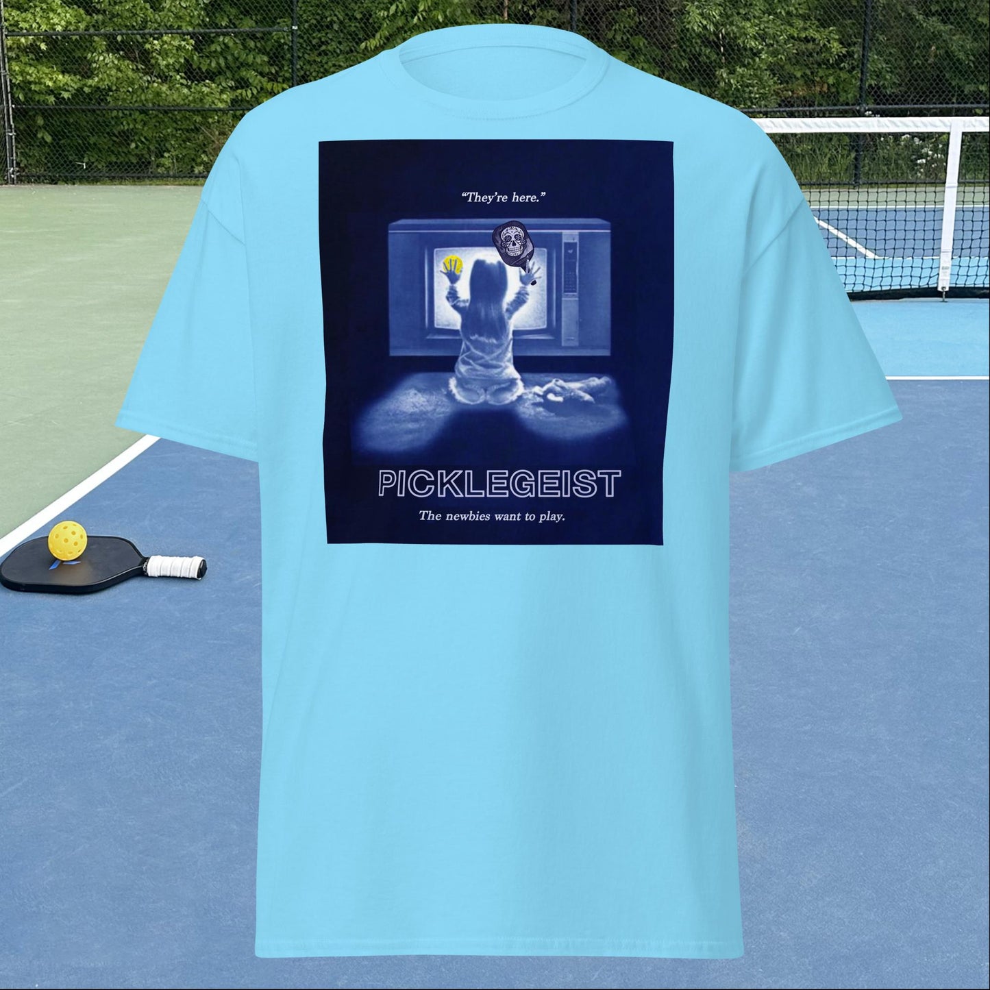 Sky Blue Short-sleeve Men's Pickleball Shirt, Picklegeist graphic on front