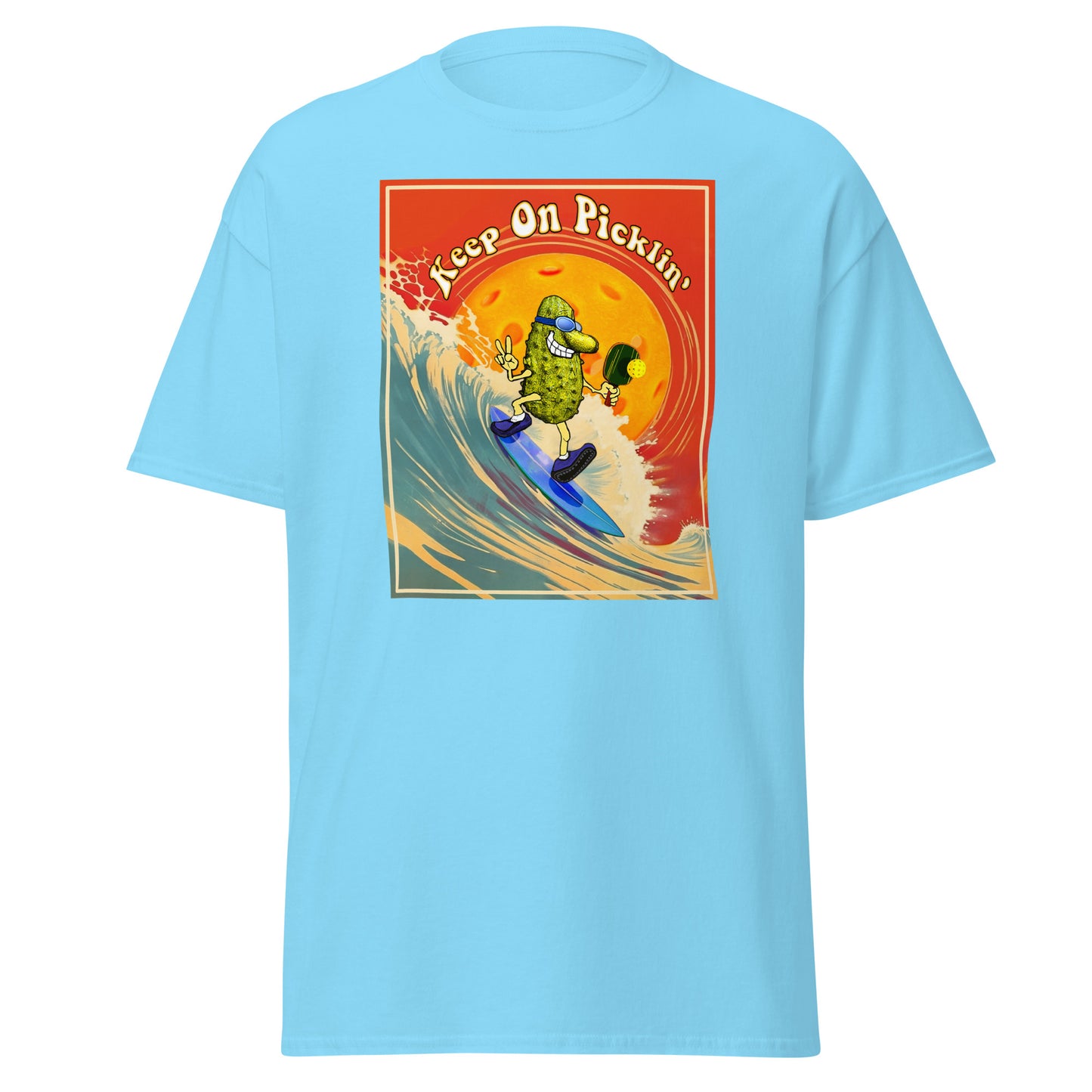 Men's Pickleball T-shirt, Keep On Picklin' Surfer, Front Center Graphic, Short-sleeve