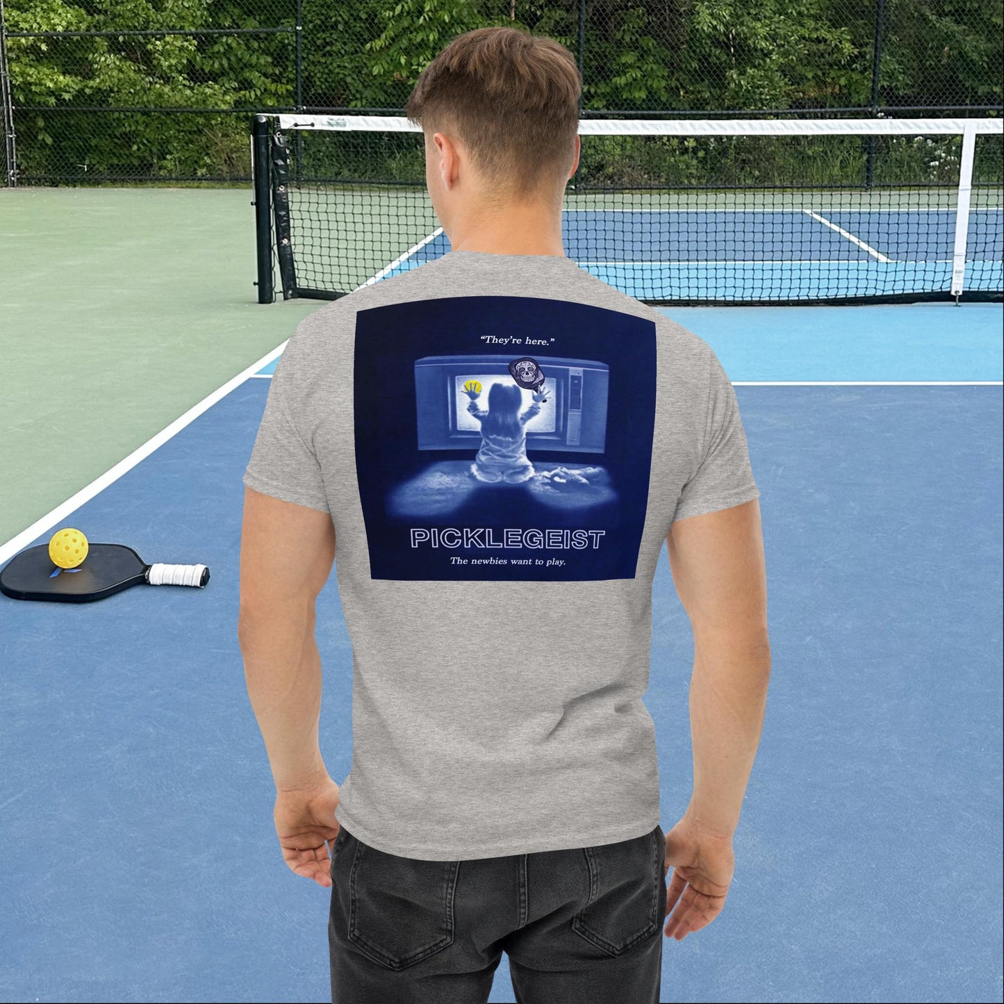 Sport Grey Short-sleeve Men's Pickleball Shirt, Picklegeist  graphic on back