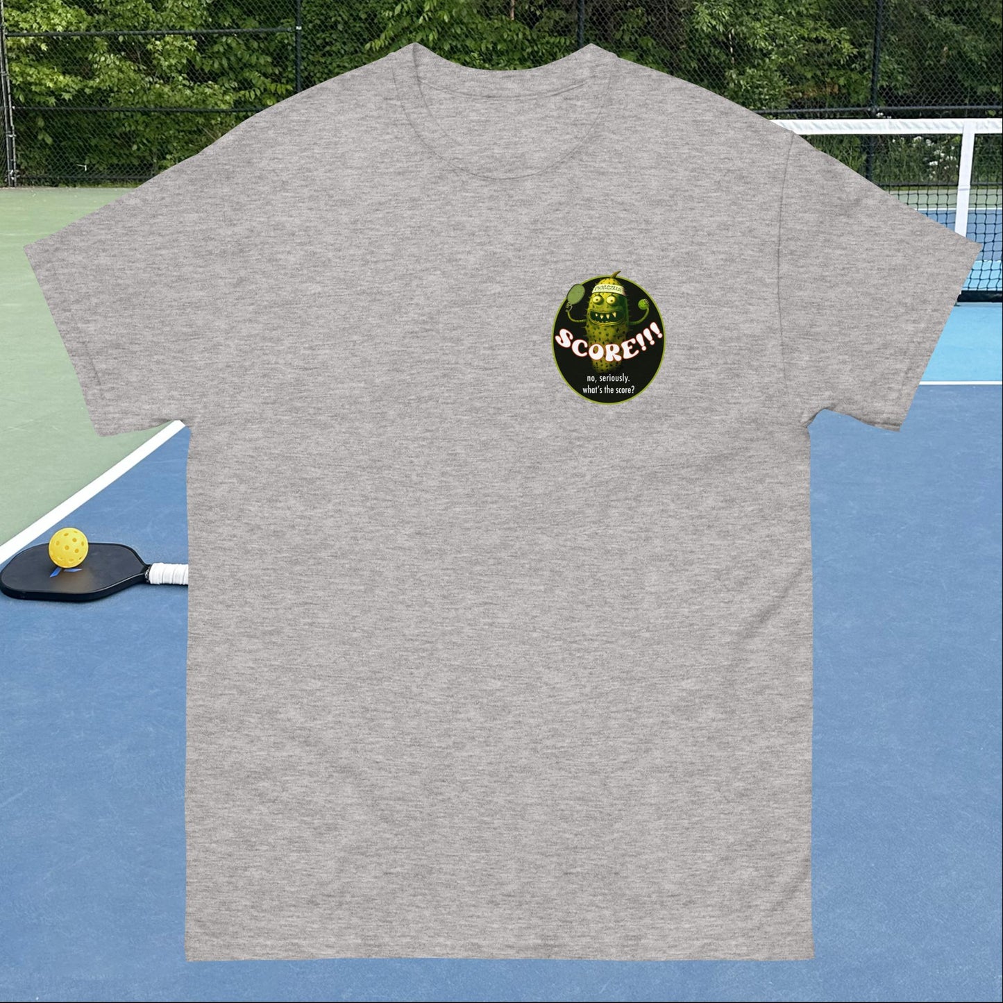 Grey Pickleball T-shirt, Picklezilla Score, Left Chest, Men's Classic Tee