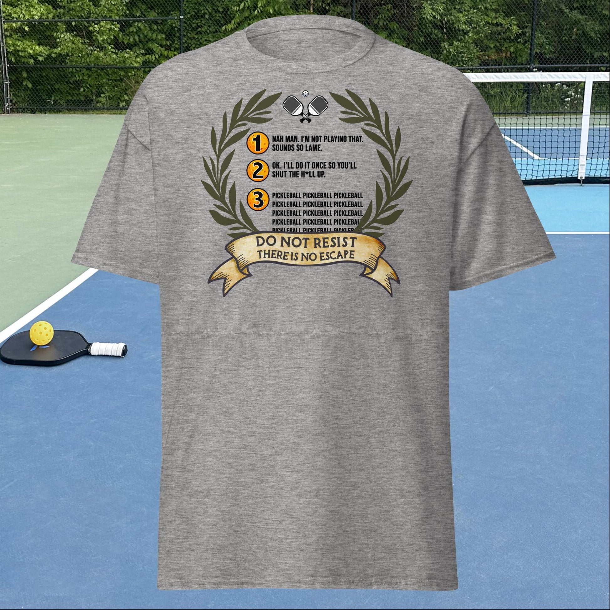 Sport Grey Pickleball Shirt with 3 Stages of Pickleball design on front, Men's Classic Tee