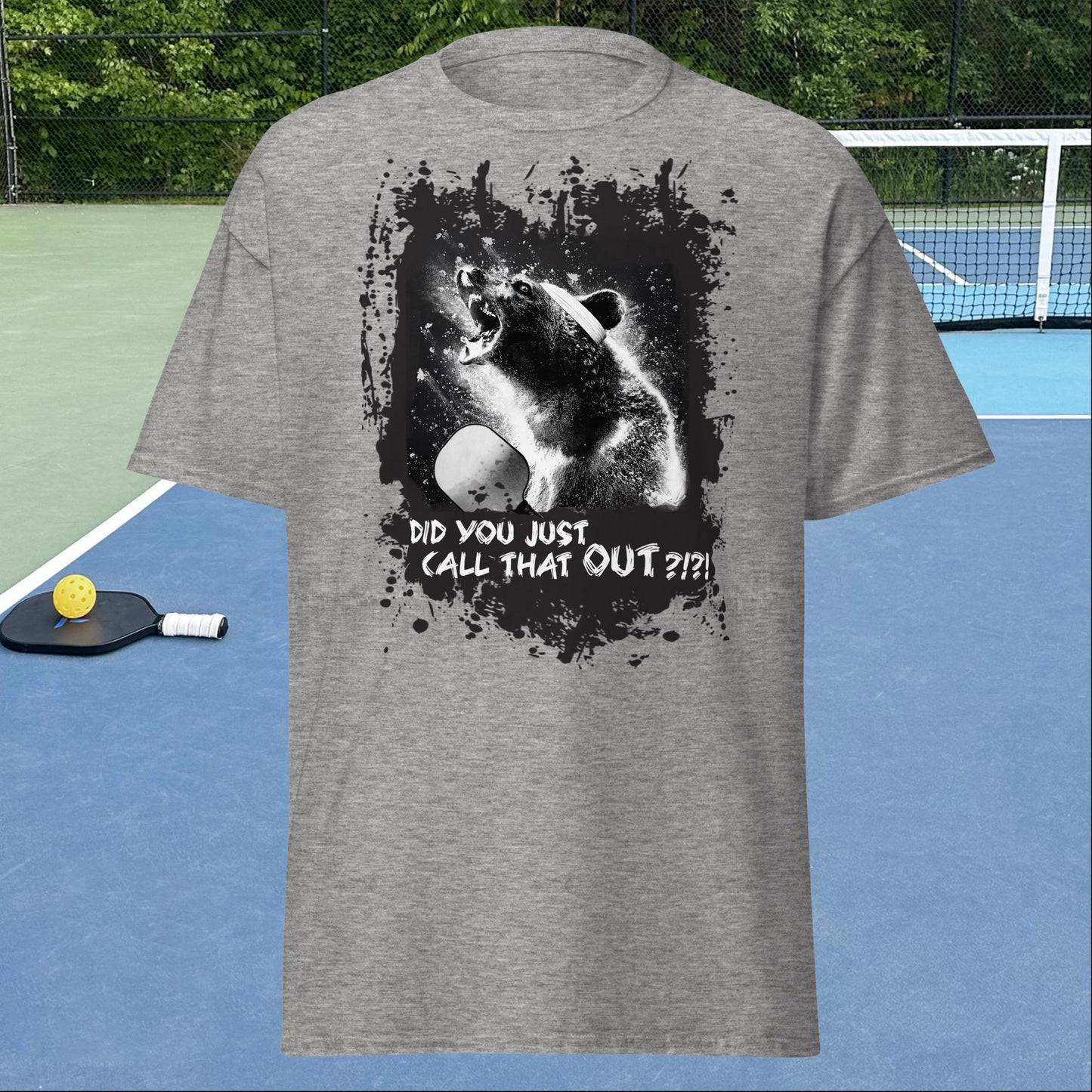 Sport Grey Pickleball Shirt, Angry Bear graphic on front, Men's Tee