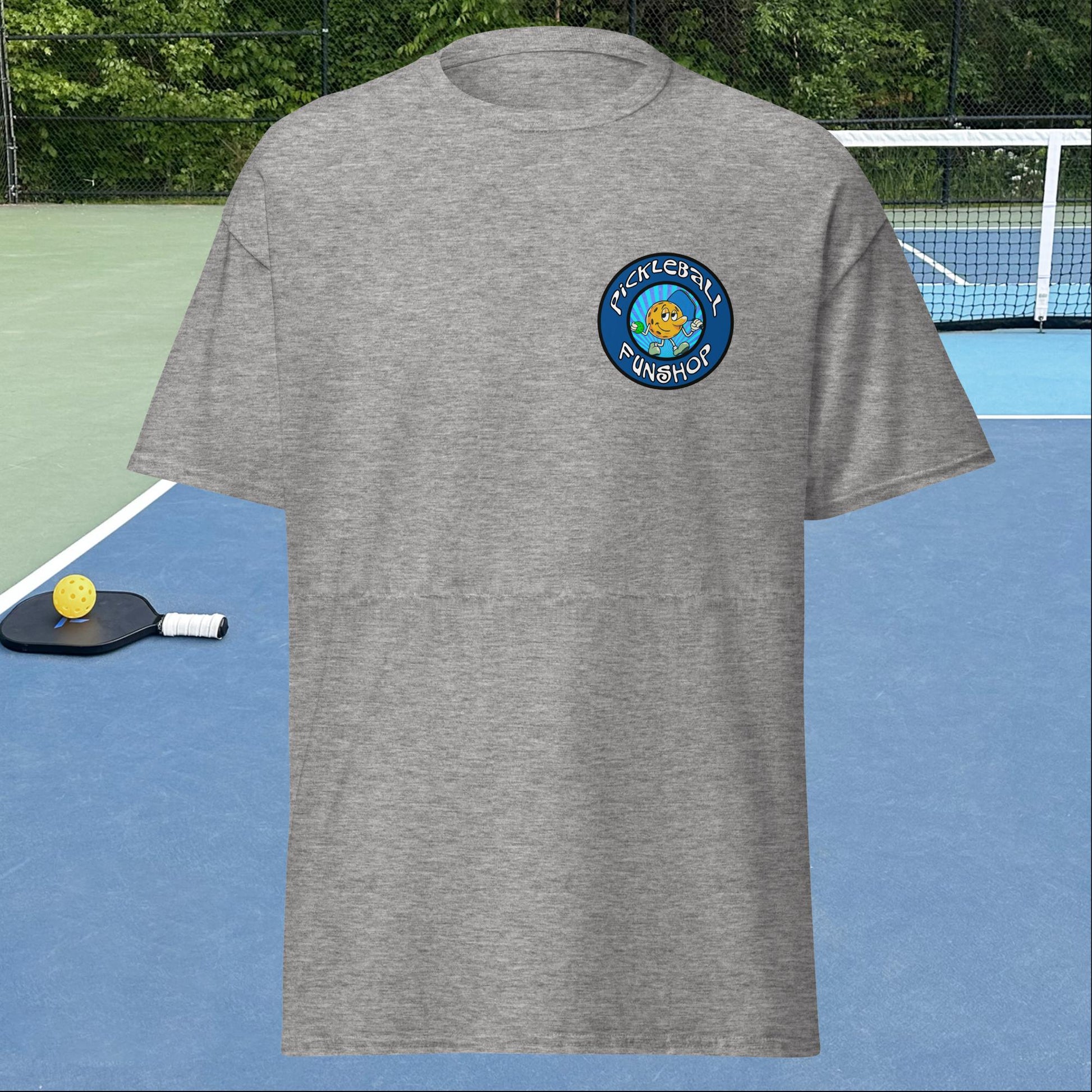 Sport Grey Pickleball Shirt with Pickleball FunShop Logo on Left Chest, Men's Classic Tee