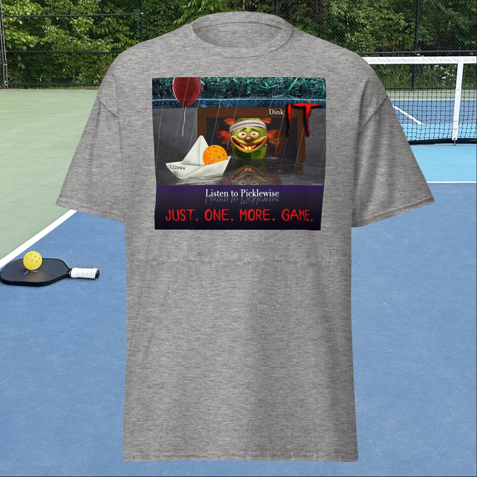 Sport Grey Pickleball Shirt, Men's Short-Sleeve, Listen to Picklewise, Dink It, Graphic on Front