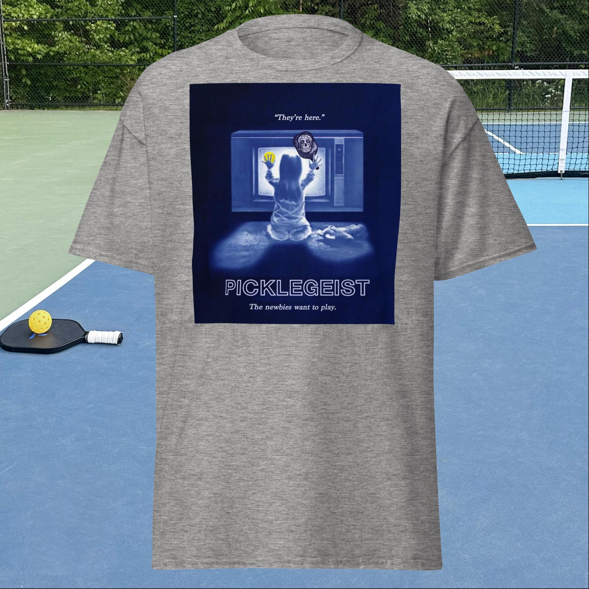 Sport Grey Short-sleeve Men's Pickleball Shirt, Picklegeist graphic on front