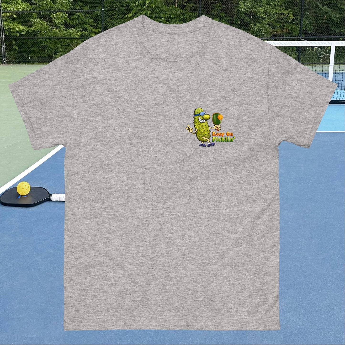 Men's Pickleball T-shirt, Keep On Picklin' Pickledude, Left Chest Graphic, Short-sleeve