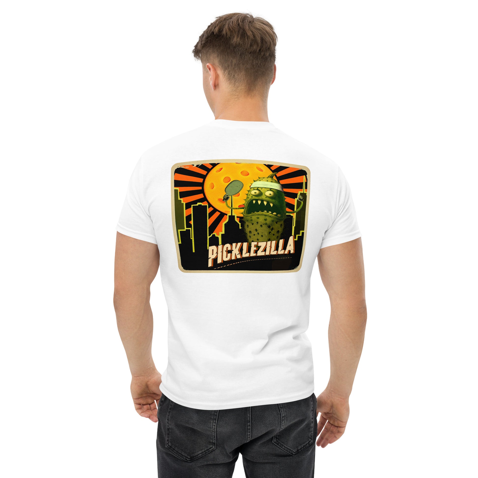 White Pickleball T-Shirt, Picklezilla, Graphic on Back, Men's Classic Tee