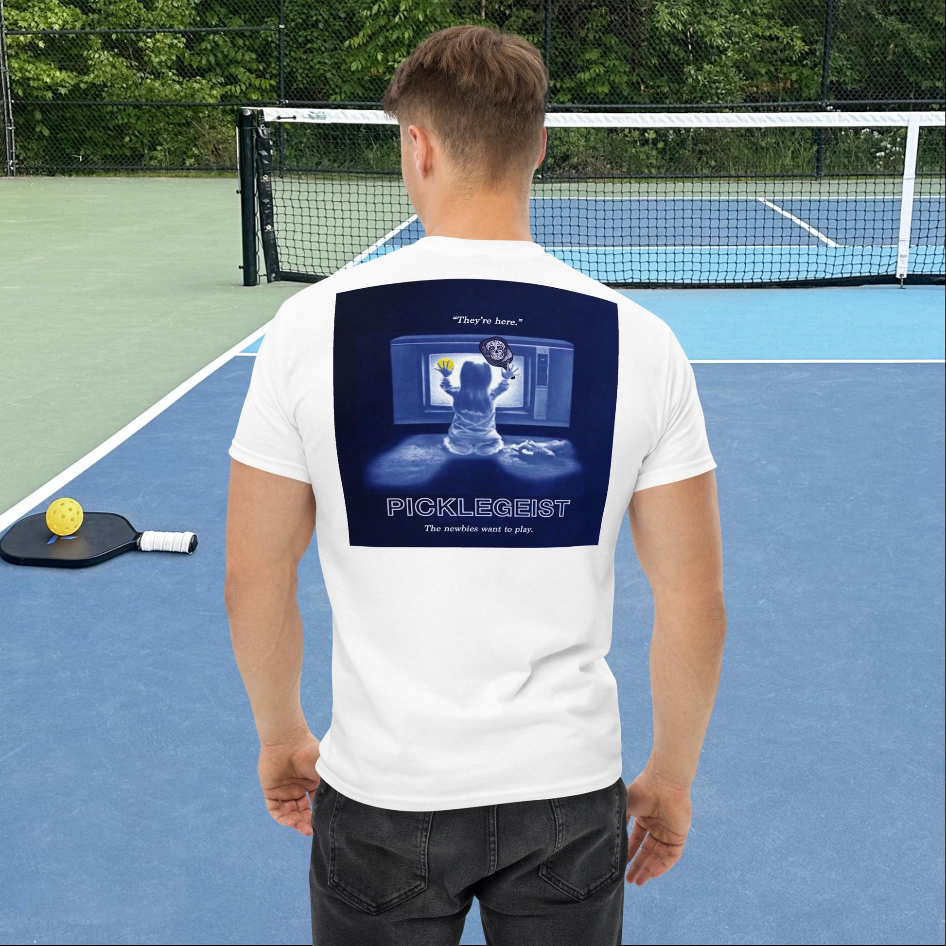 White Short-sleeve Men's Pickleball Shirt, Picklegeist  graphic on back