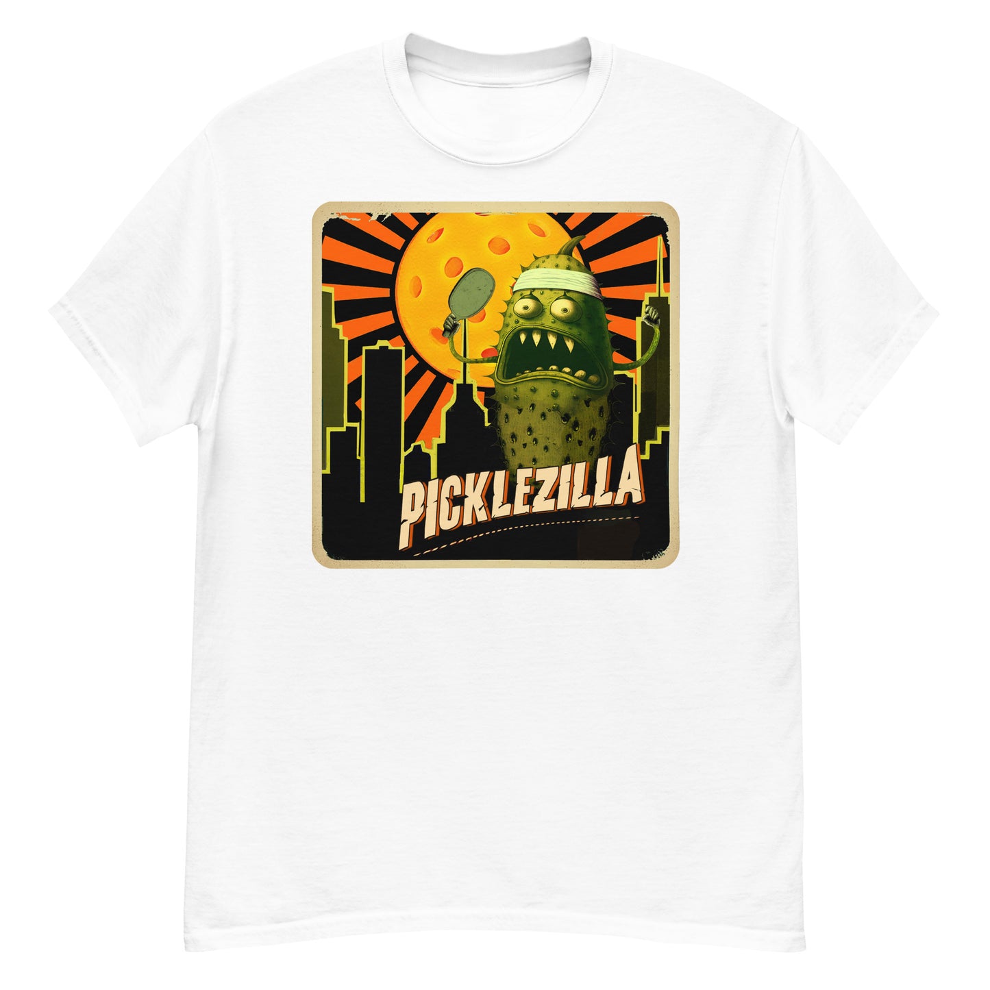 White Mens Pickleball T-shirt Picklezilla Design Cotton