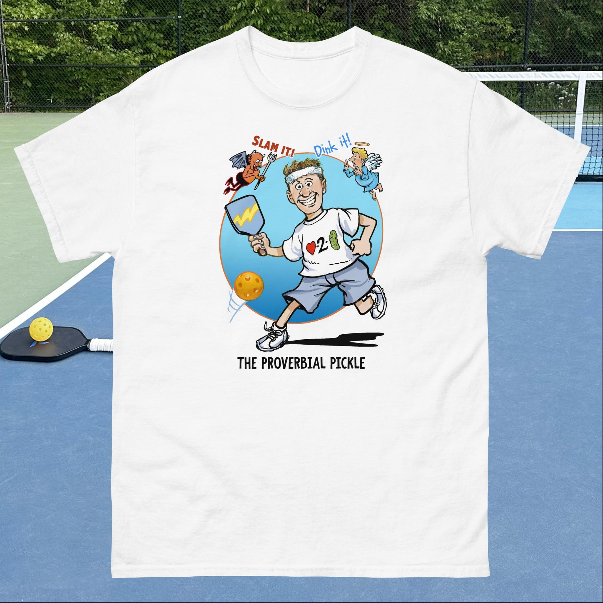 White Pickleball T-shirt, Proverbial Pickle Slam It or Dink It, Men's Classic Tee