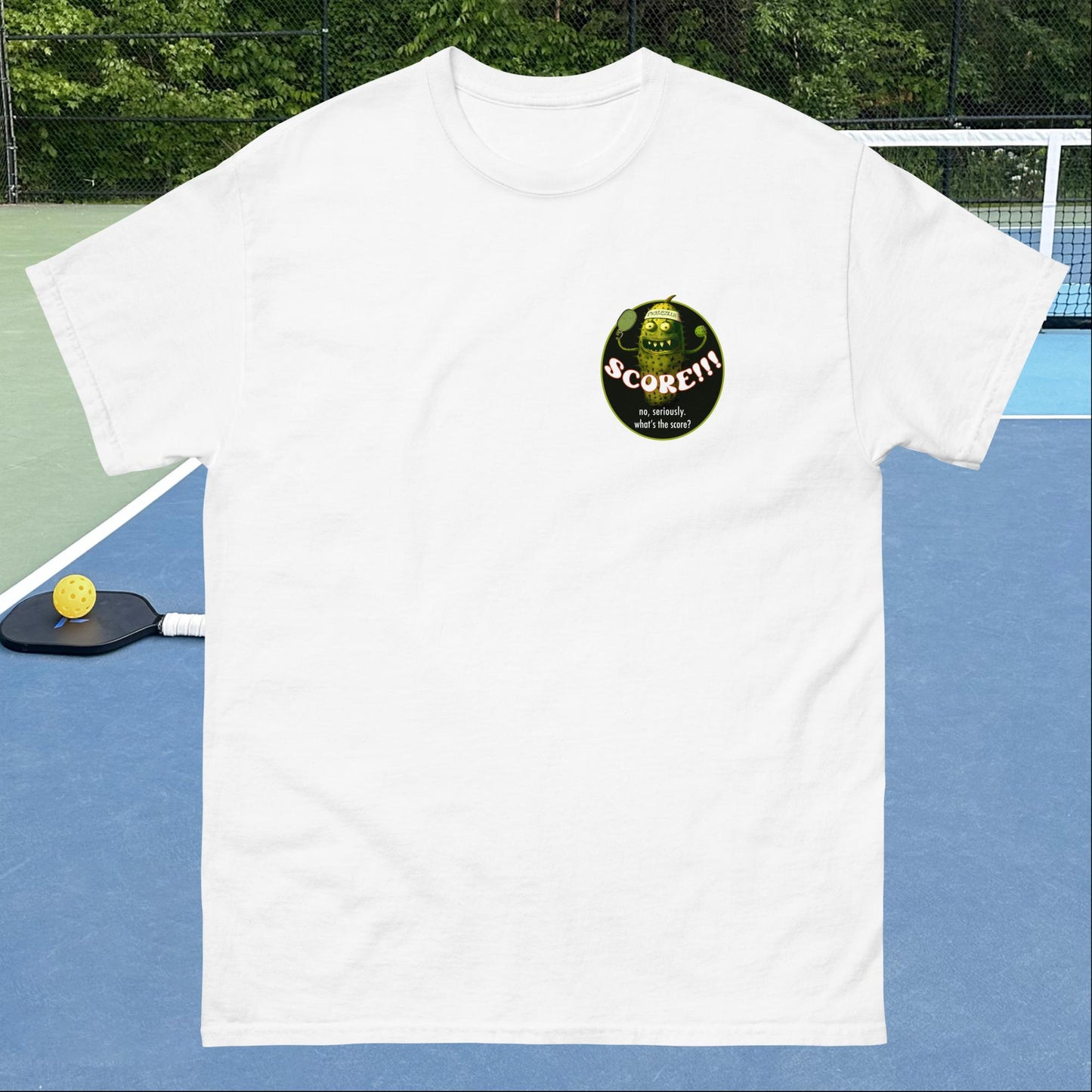 White Pickleball T-shirt, Picklezilla Score, Left Chest, Men's Classic Tee