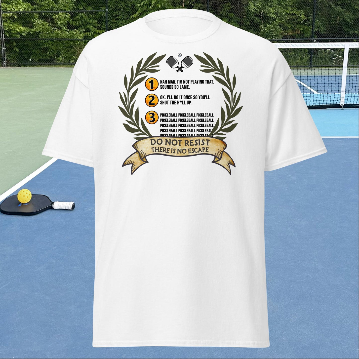 White Pickleball Shirt with 3 Stages of Pickleball design on front, Men's Classic Tee