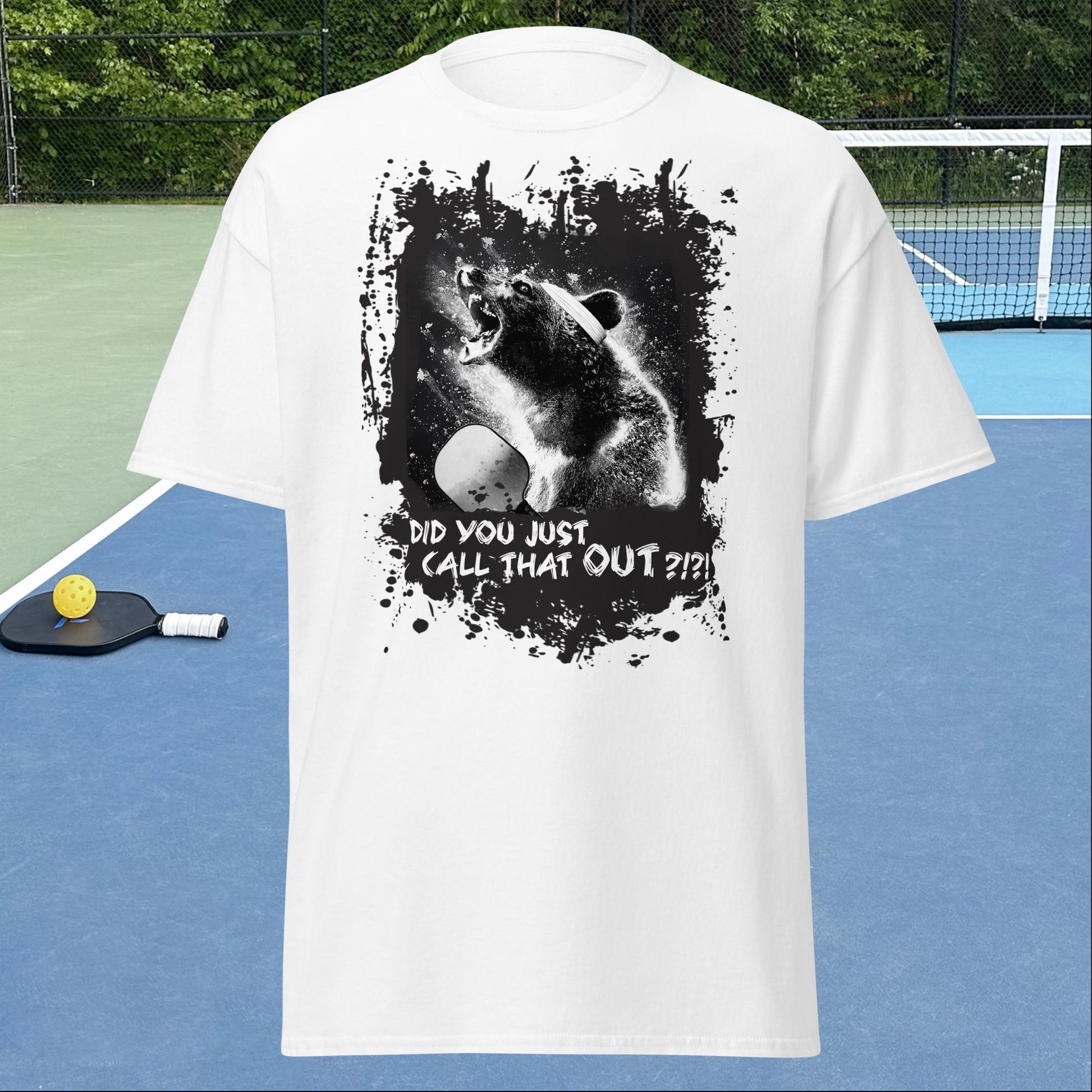 White Pickleball Shirt, Angry Bear graphic on front, Men's Tee