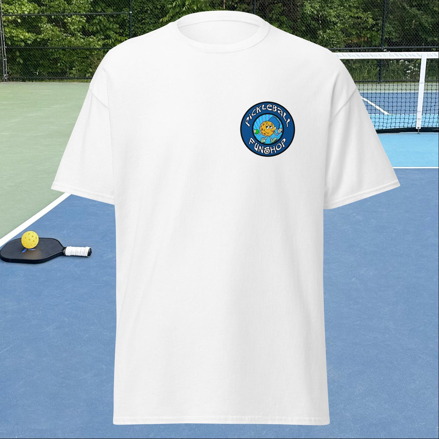 White Pickleball Shirt with Pickleball FunShop Logo on Left Chest, Men's Classic Tee